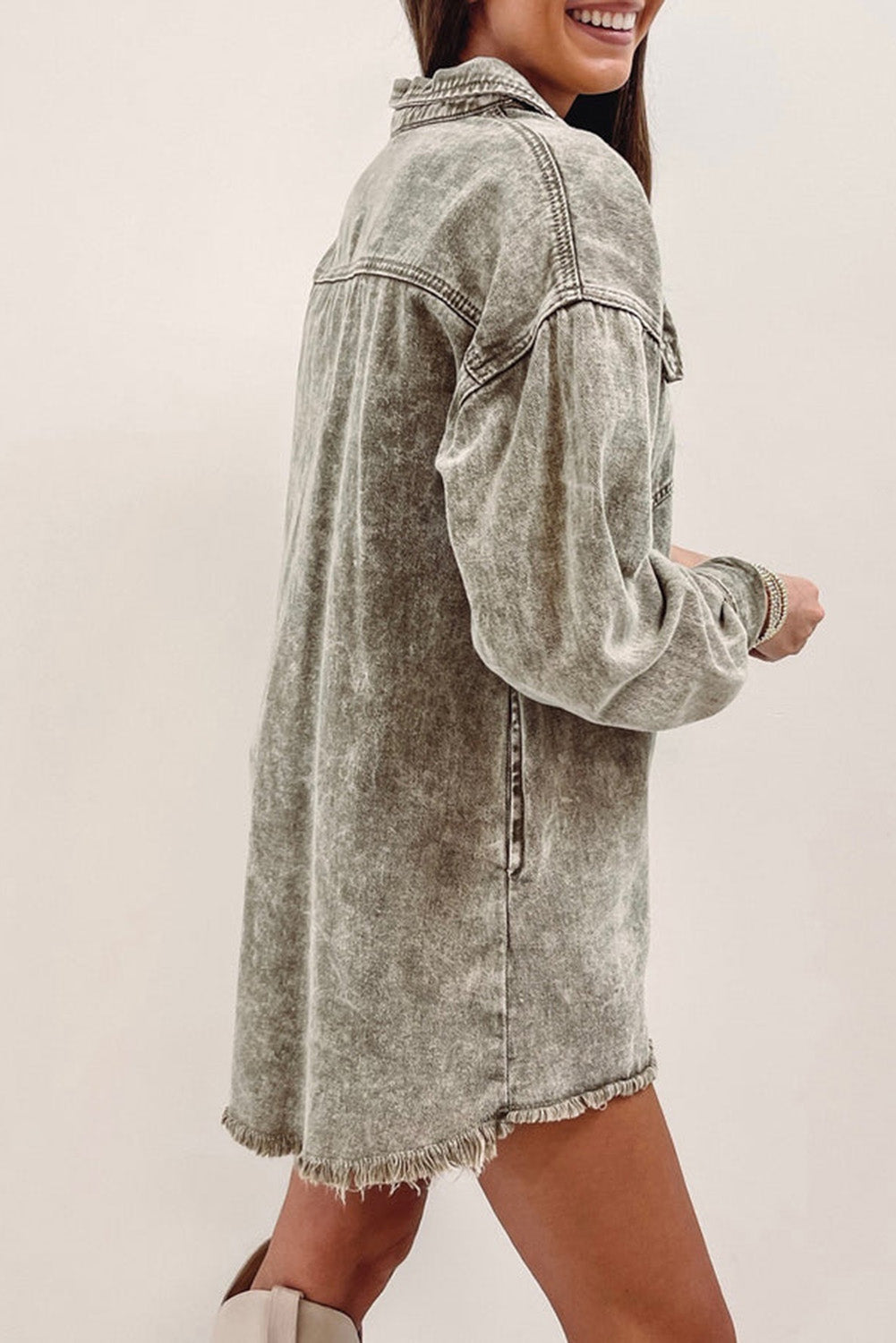 Honeybee Mumford's Sage Green Acid Wash Flap Pocket Raw Hem Tunic Denim Jacket