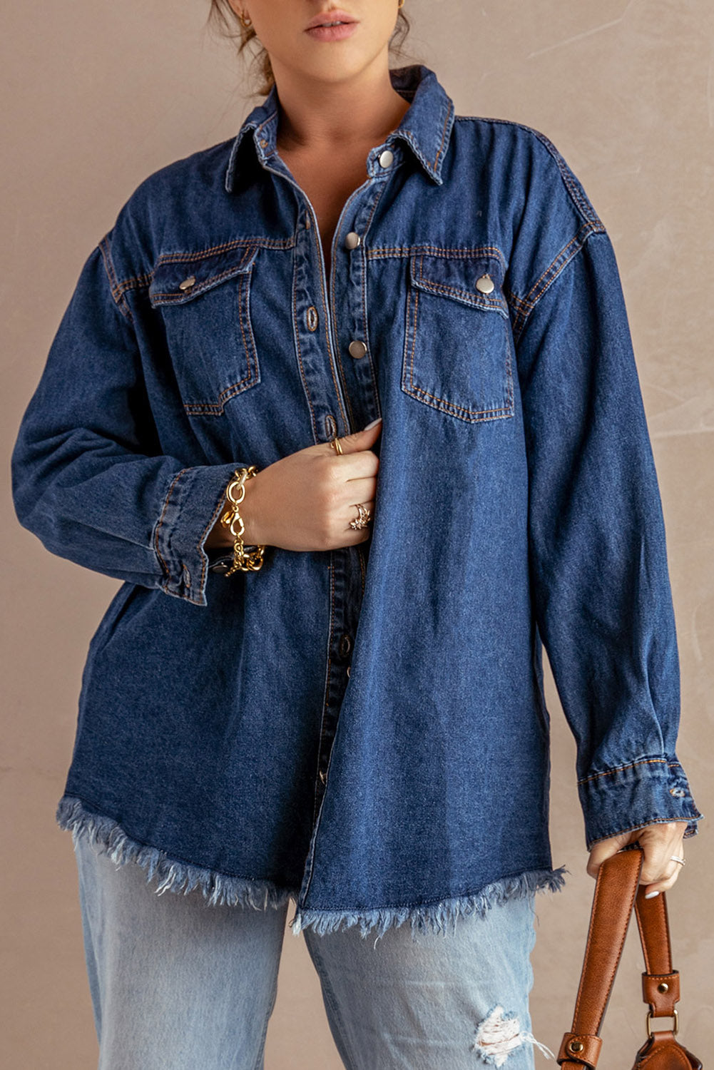 Honeybee Mumford's Button Up Pocketed Raw Hem Denim Jacket