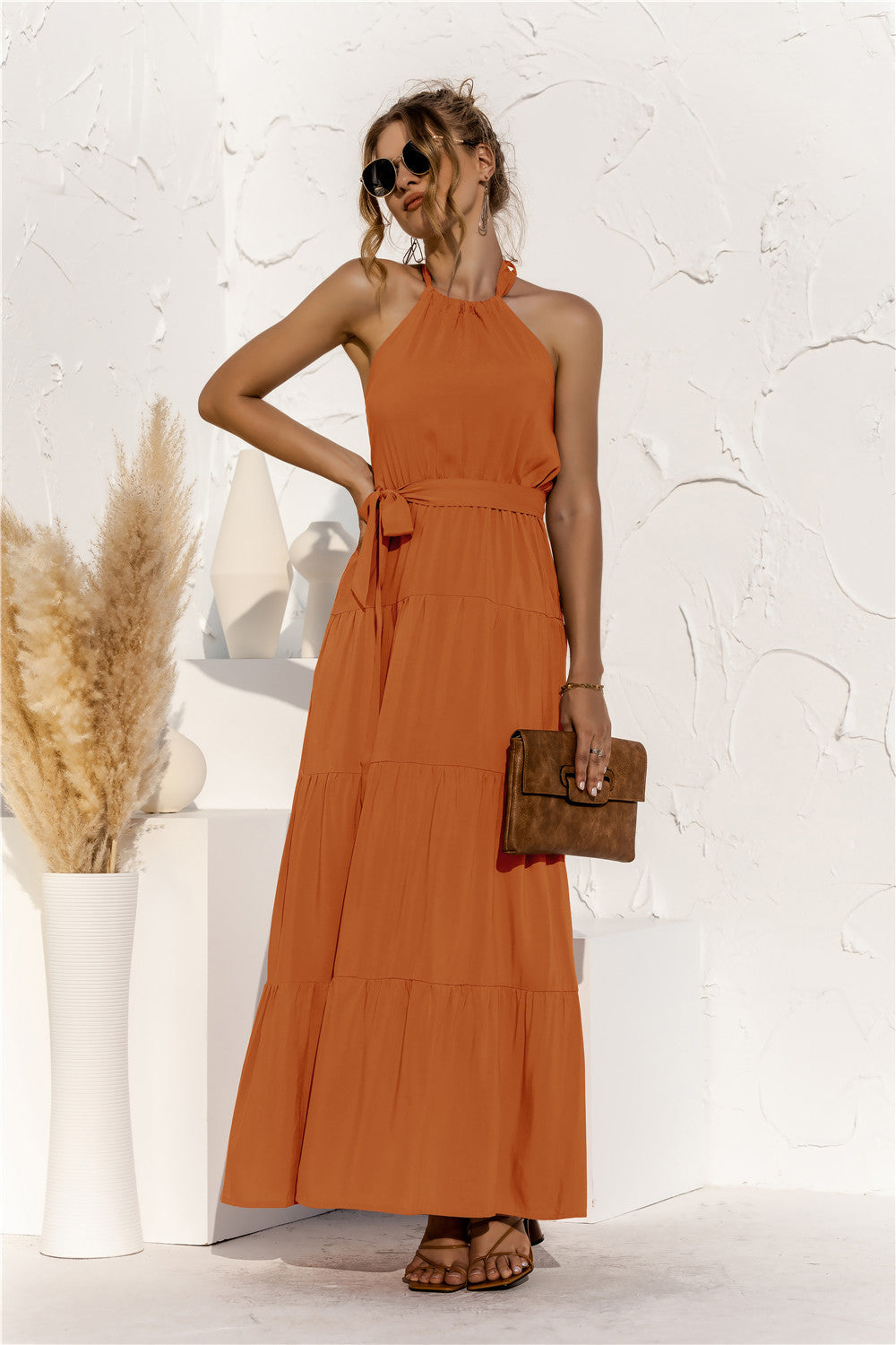 Honeybee Mumford's Halter Neck Tie Waist Tiered Maxi Dress