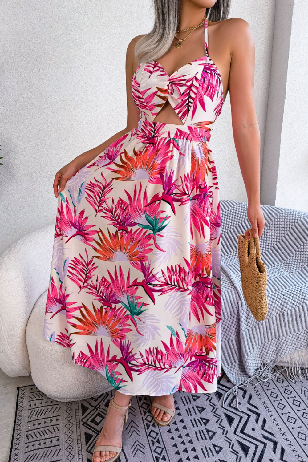 Honeybee Mumford's Botanical Tied Backless Cutout Maxi Dress