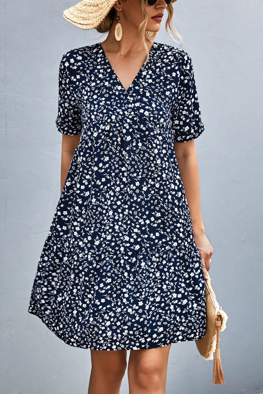 Honeybee Mumford's Ditsy Floral Empire Waist Plunge Short Sleeve Dress