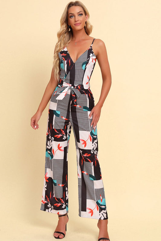 Honeybee Mumford's Printed Spaghetti Strap Tied Jumpsuit