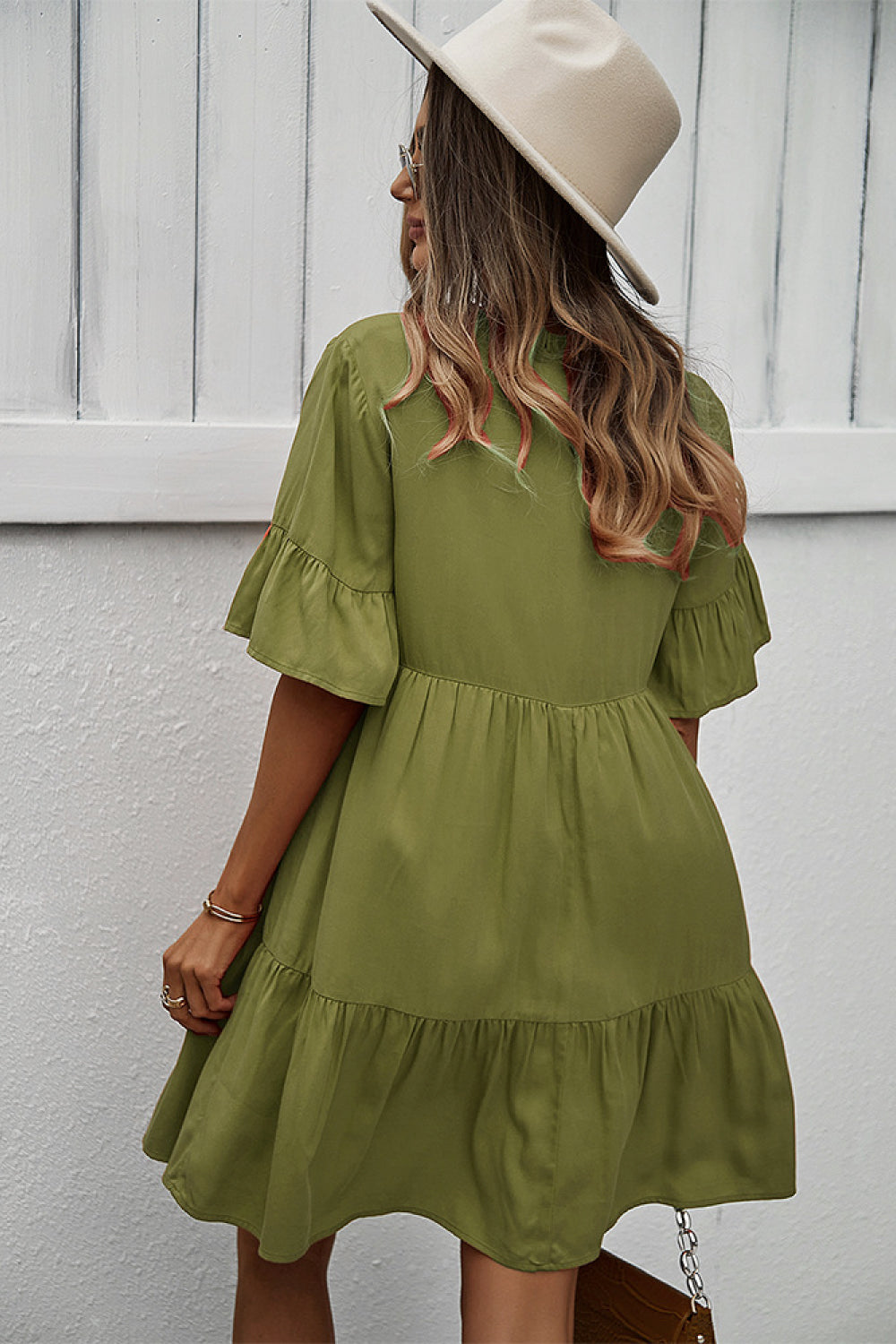 Honeybee Mumford's Buttoned Tie Neck Tiered Dress