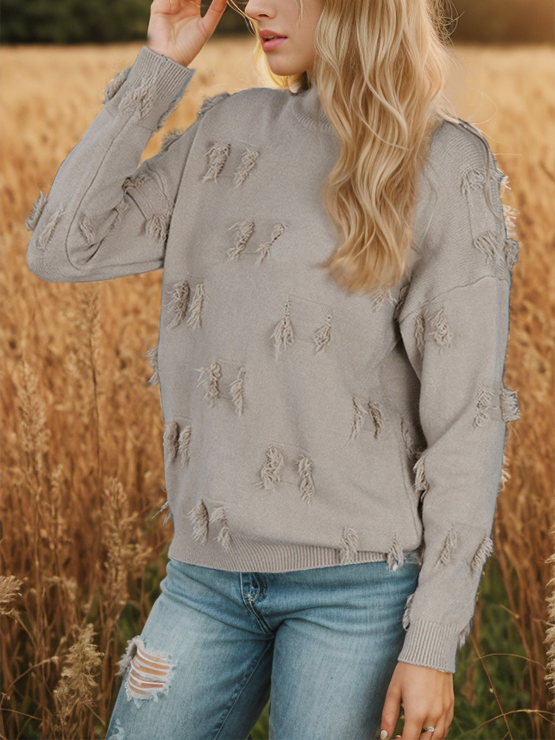 Honeybee Mumford's Fringe Detail Long Sleeve Mock Neck Sweater