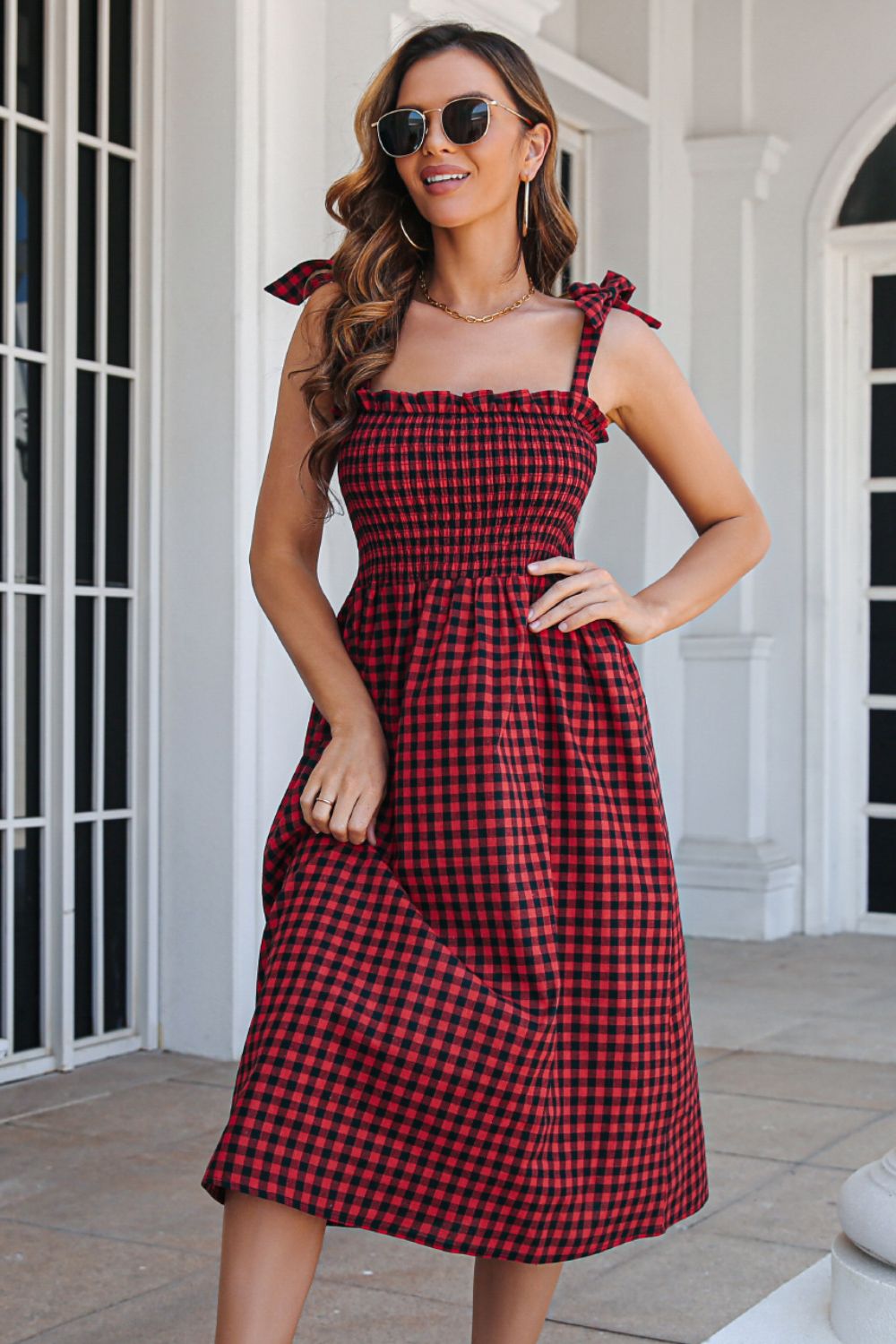 Honeybee Mumford's Plaid Frill Trim Tie Shoulder Dress