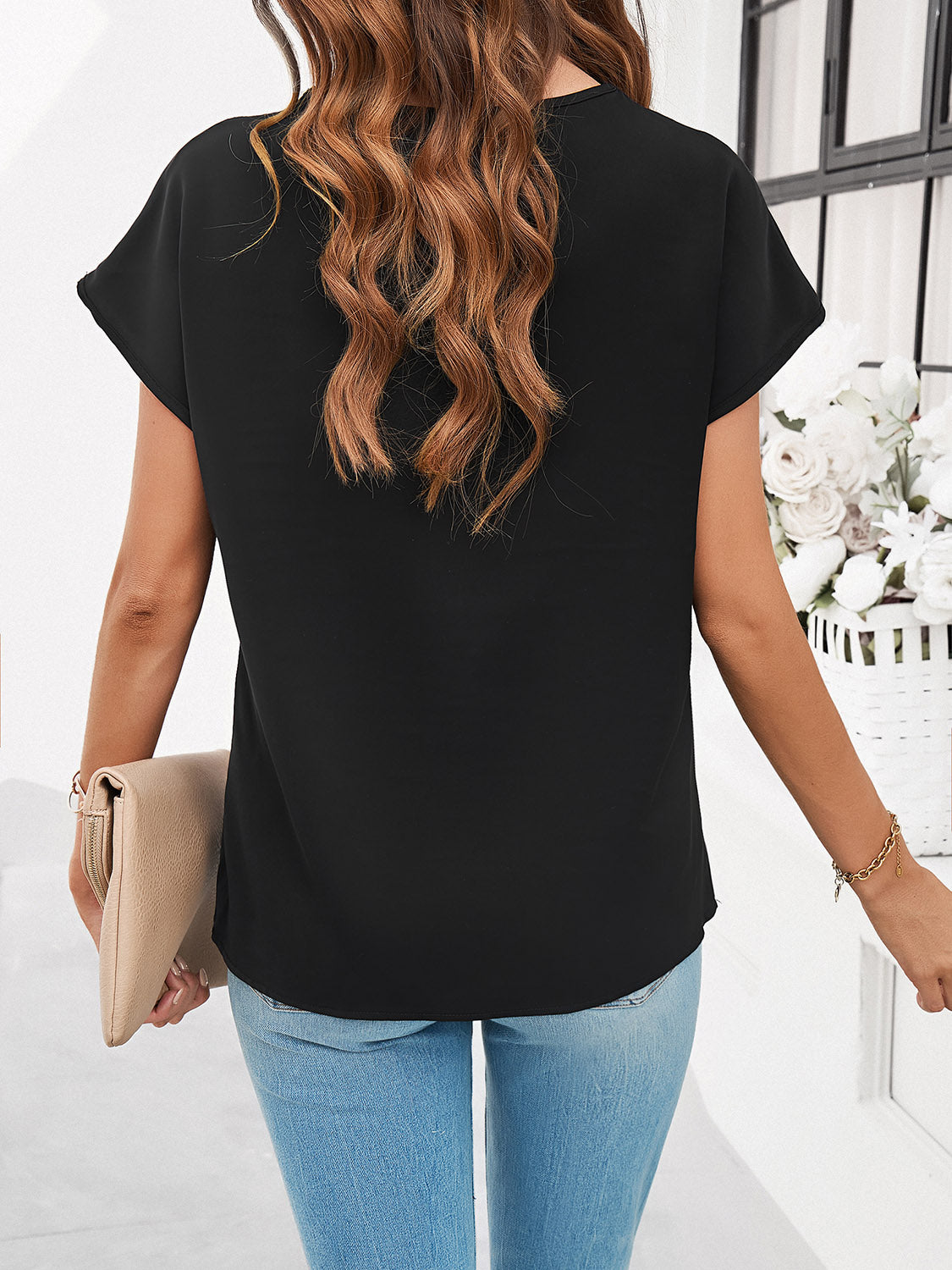 Honeybee Mumford's Lace Detail V-Neck Cap Sleeve Blouse