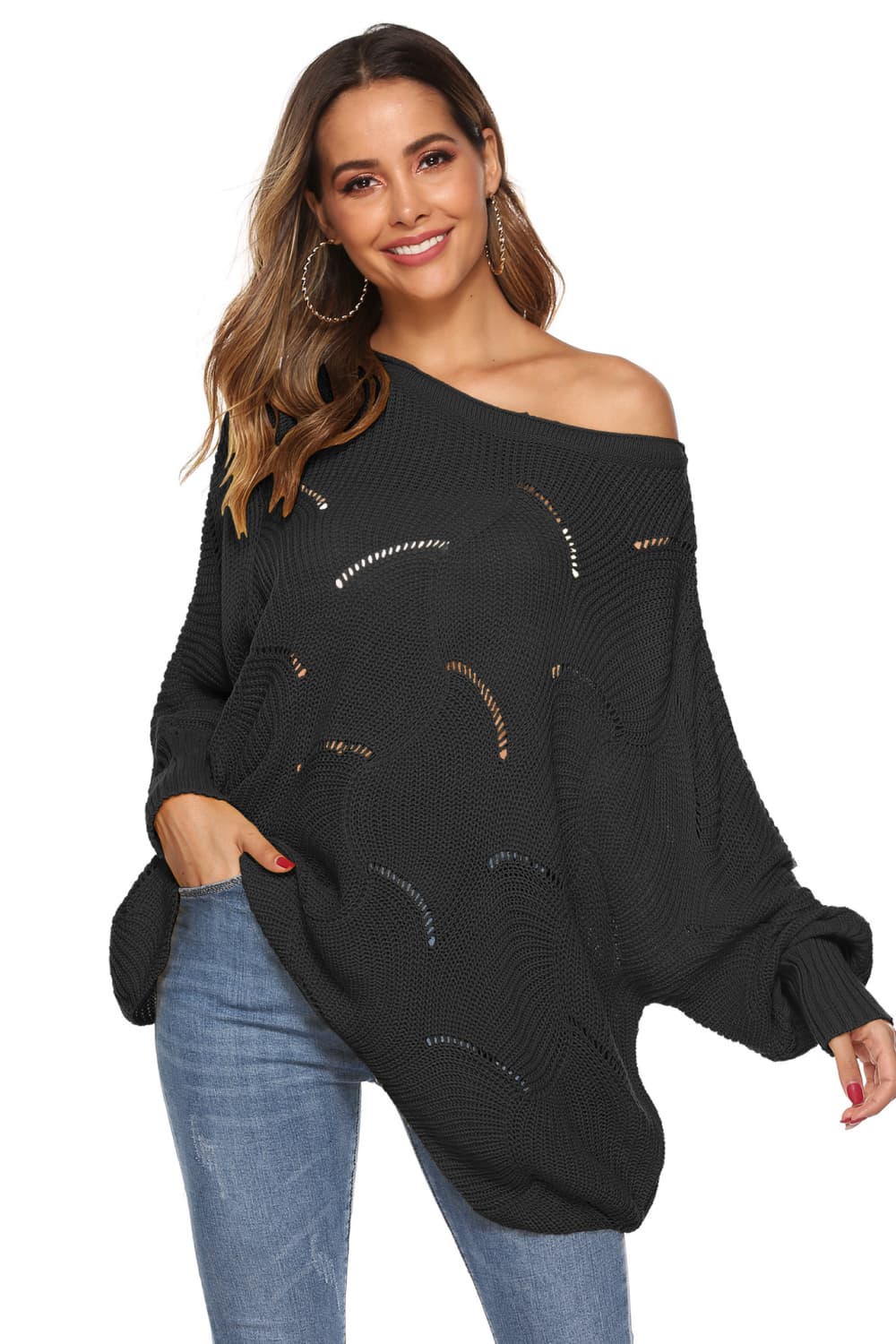 Honeybee Mumford's Round Neck Long Sleeve Openwork Sweater