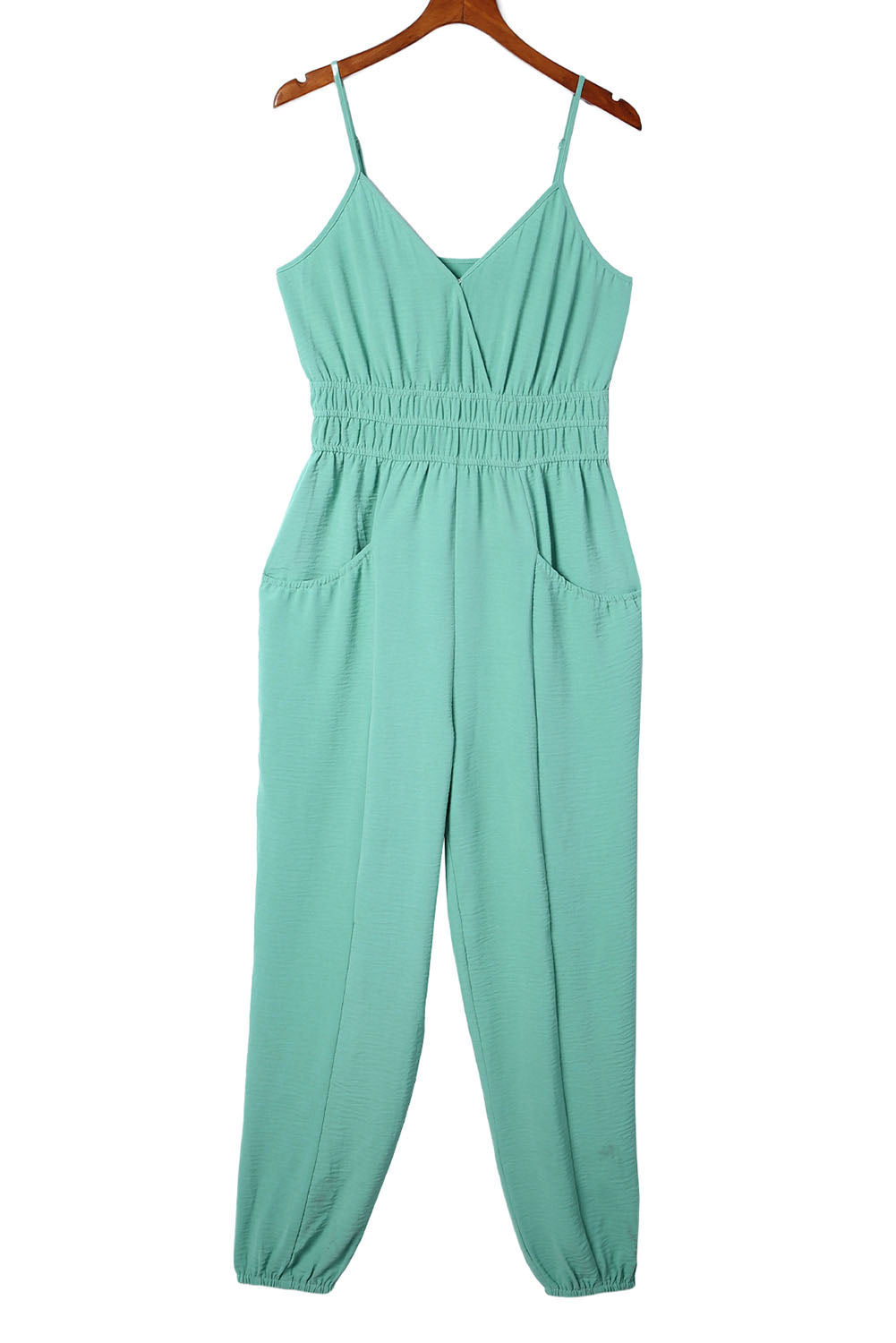 Honeybee Mumford's Green Shirred High Waist Sleeveless V Neck Jumpsuit