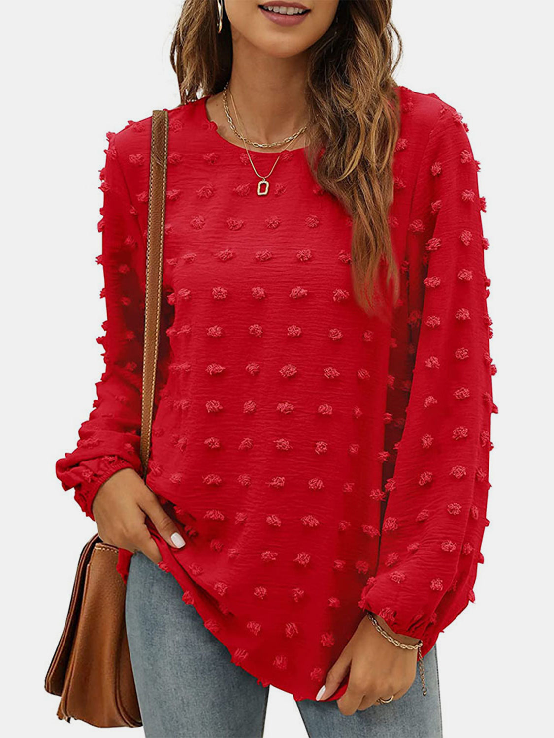 Honeybee Mumford's Swiss Dot Round Neck Long Sleeve Blouse