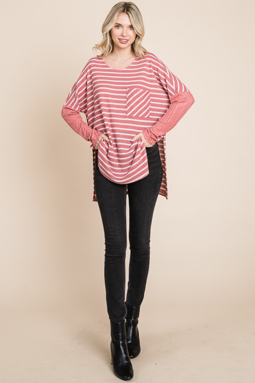 Honeybee Mumford's Culture Code Oversize Striped Round Neck Long Sleeve Slit T-Shirt