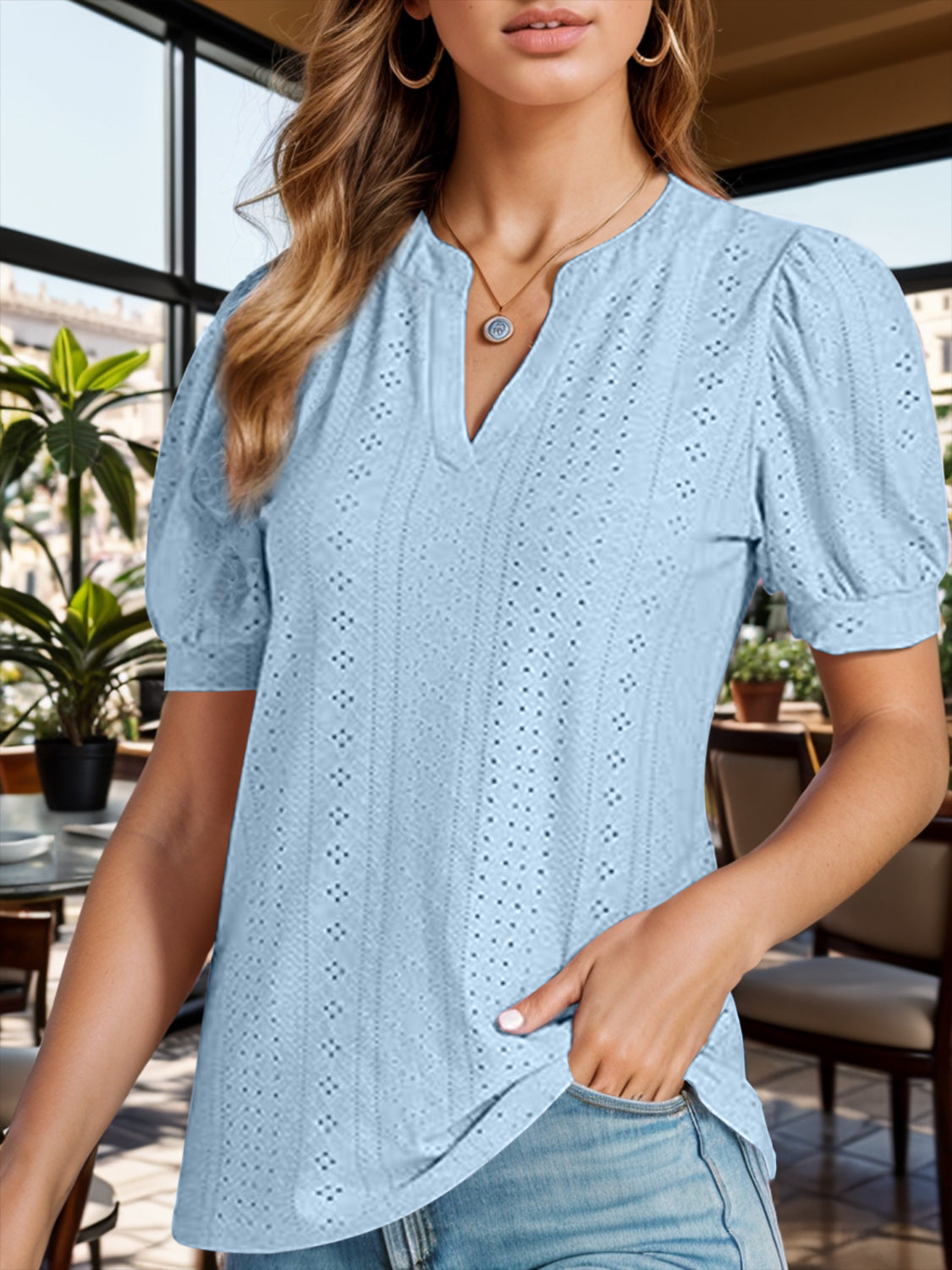 Honeybee Mumford's Eyelet Notched Short Sleeve Blouse