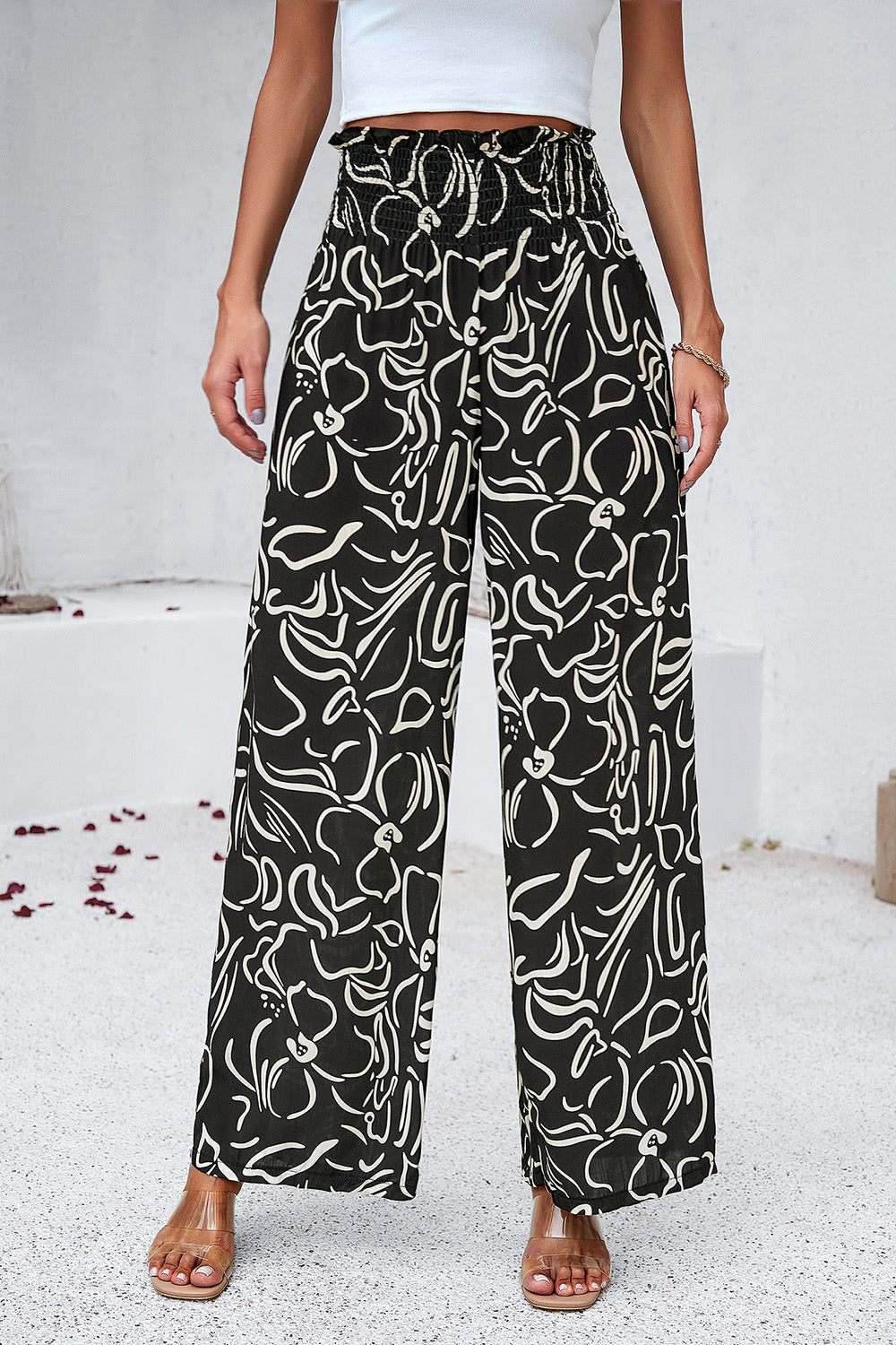 Honeybee Mumford's Smocked Printed Wide Leg Pants with Pockets