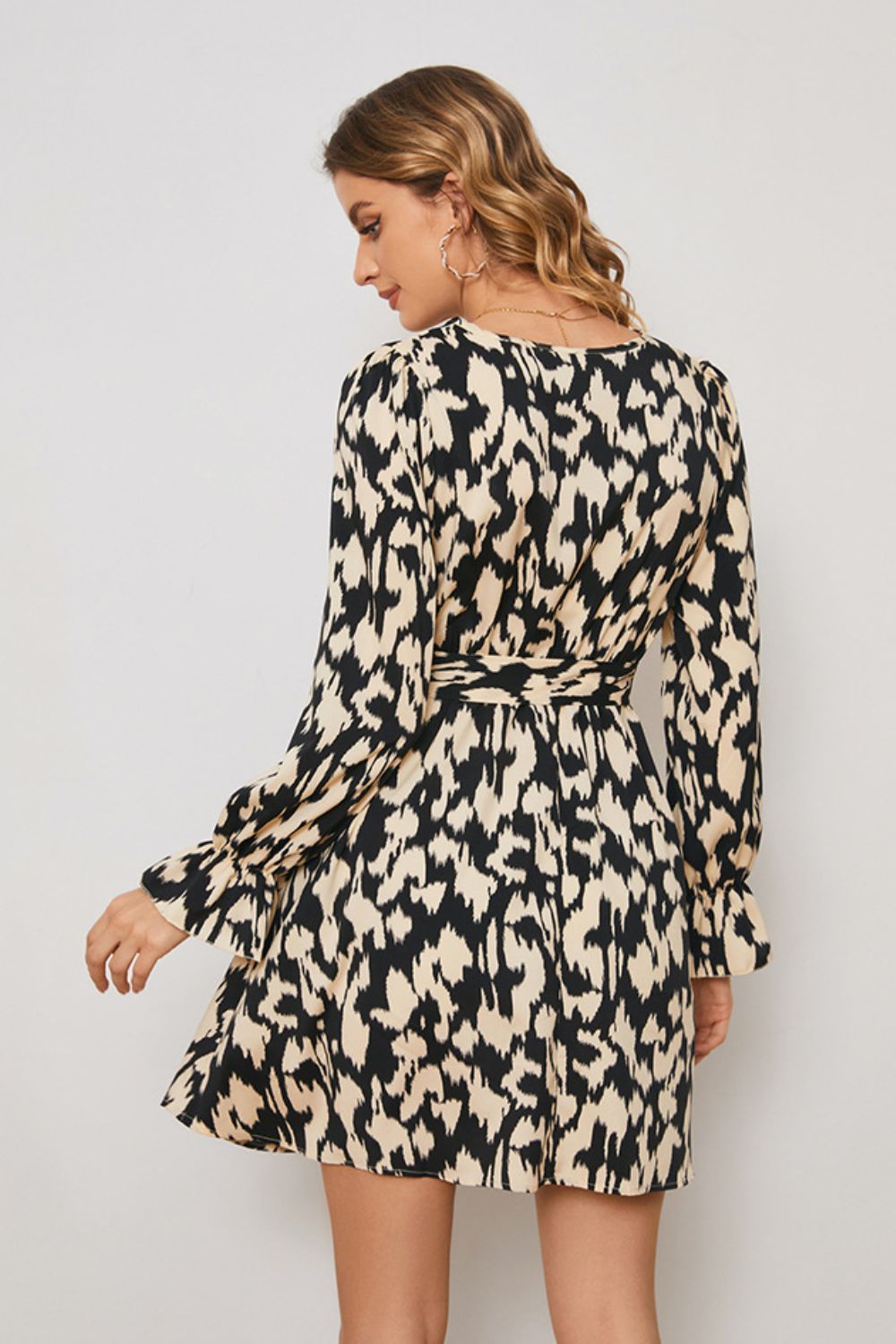 Honeybee Mumford's Animal Print Surplice Neck Long Flounce Sleeve Dress