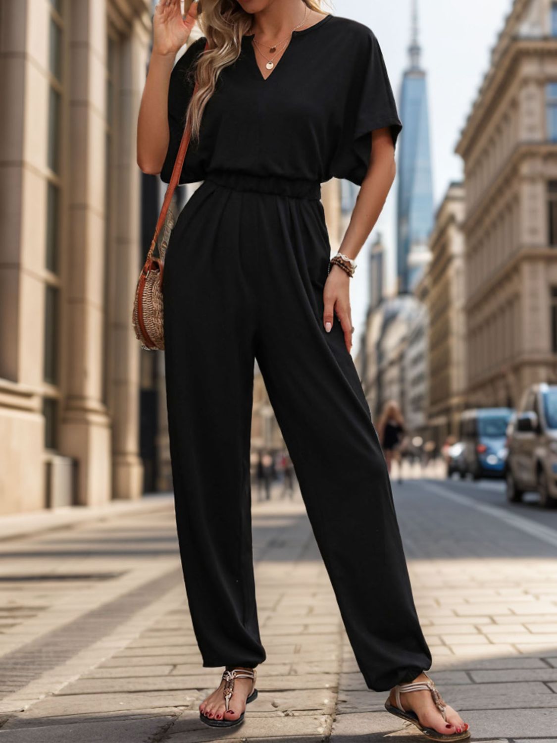 Honeybee Mumford's Notched Half Sleeve Straight Jumpsuit