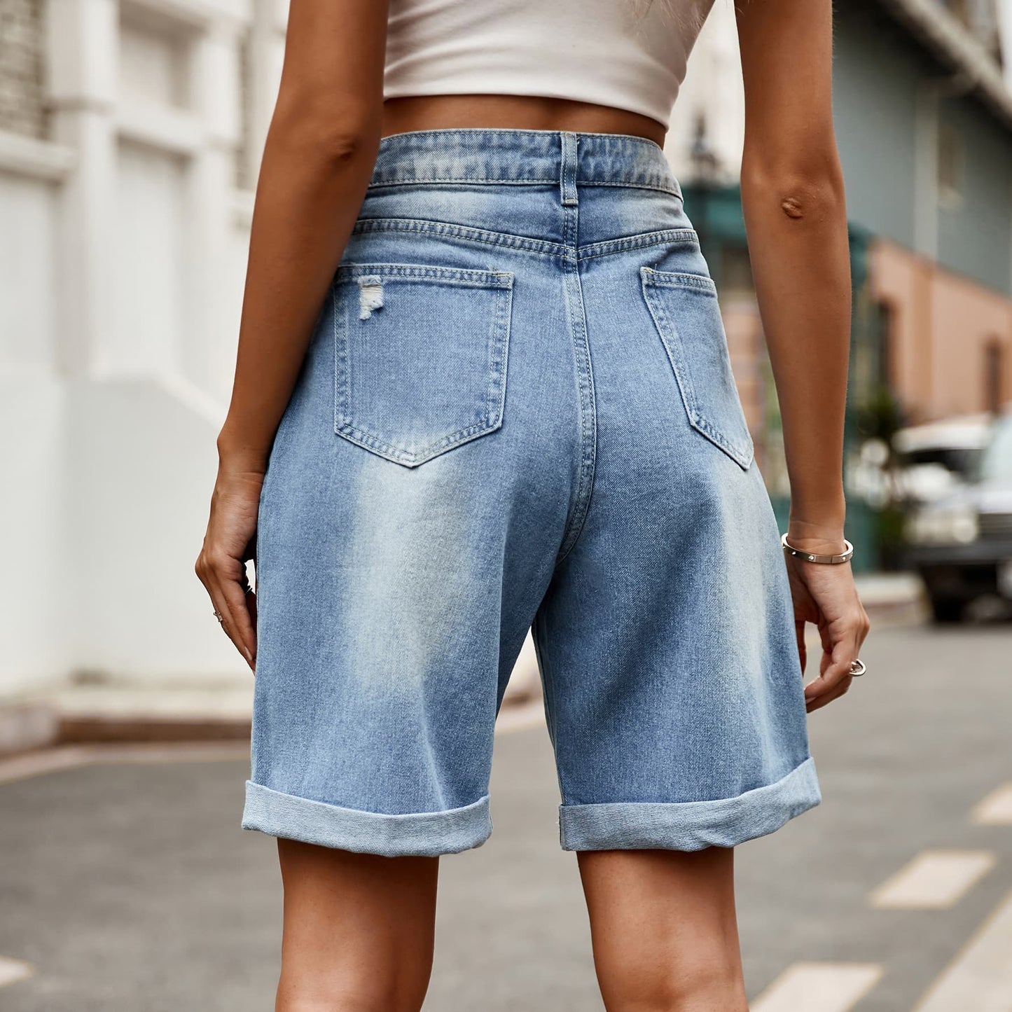 Honeybee Mumford's Distressed Buttoned Denim Shorts with Pockets