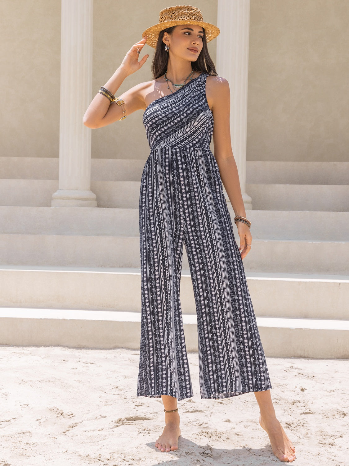 Honeybee Mumford's Printed Single Shoulder Sleeveless Jumpsuit