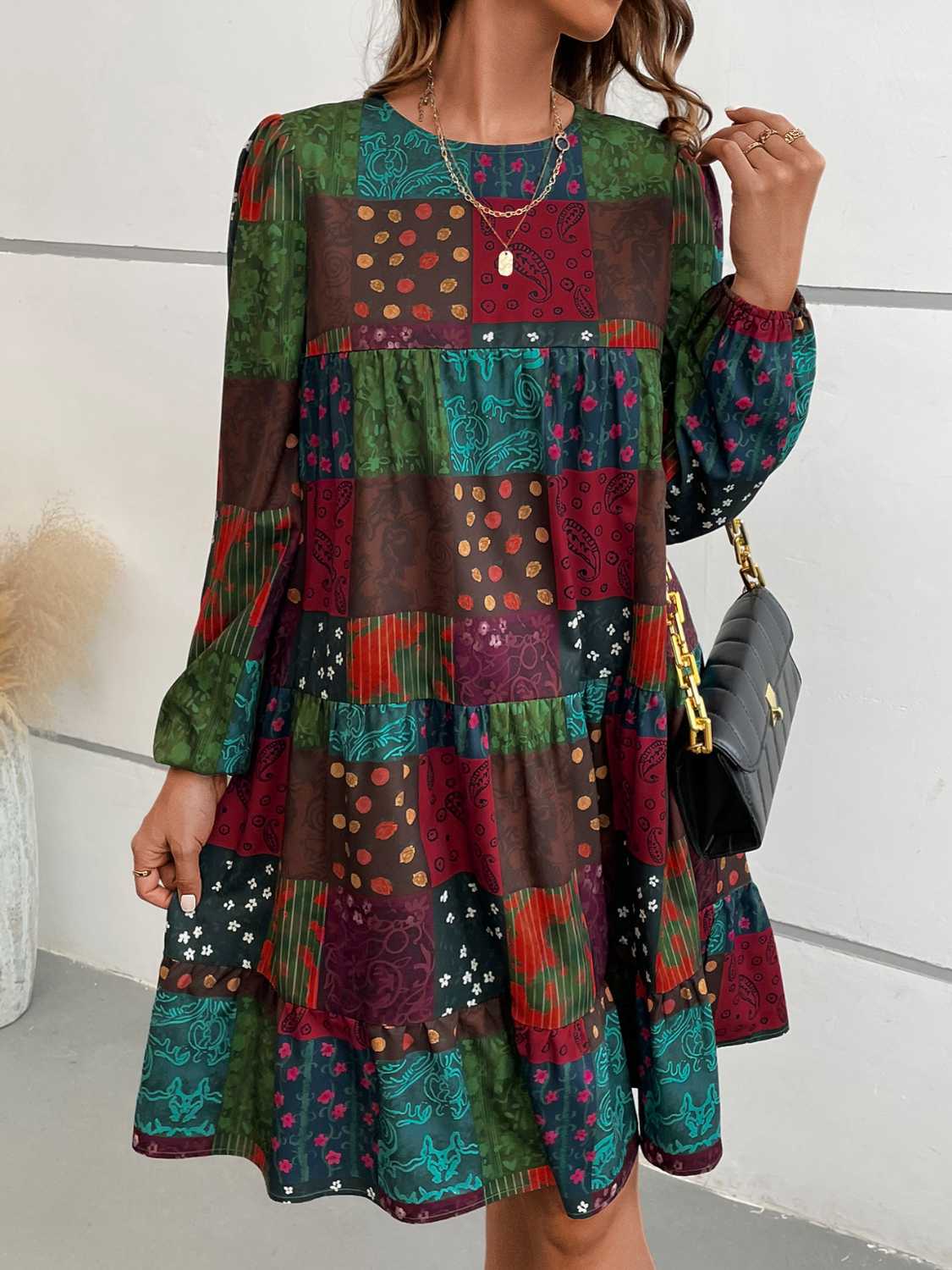 Honeybee Mumford's Patchwork Round Neck Long Sleeve Dress