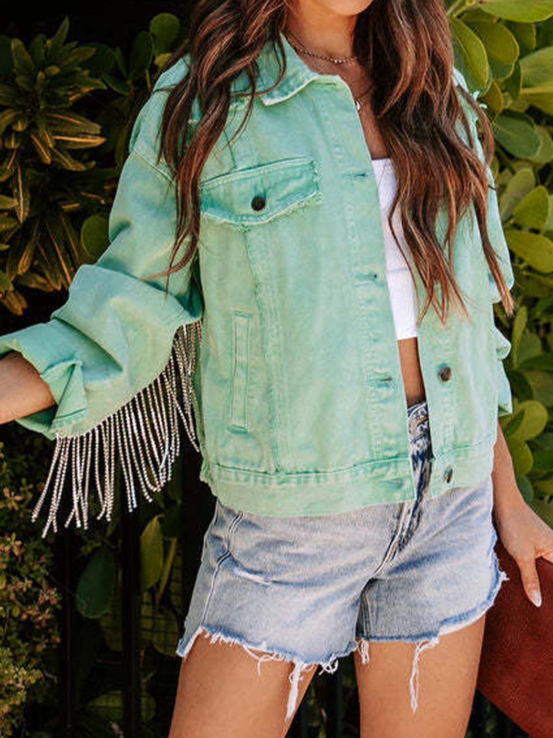 Honeybee Mumford's Fringe Detail Long Sleeve Denim Jacket