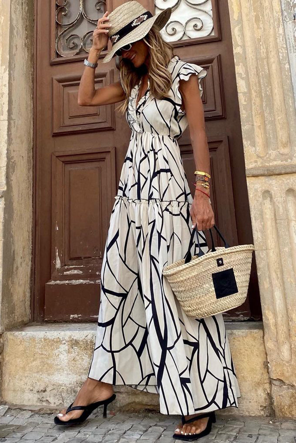 Honeybee Mumford's White Abstract Vein Print V Neck Ruffle Maxi Dress