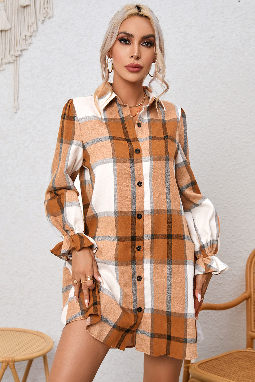 Honeybee Mumford's Plaid Collared Neck w/ Flounce / long Sleeve Shirt Dress