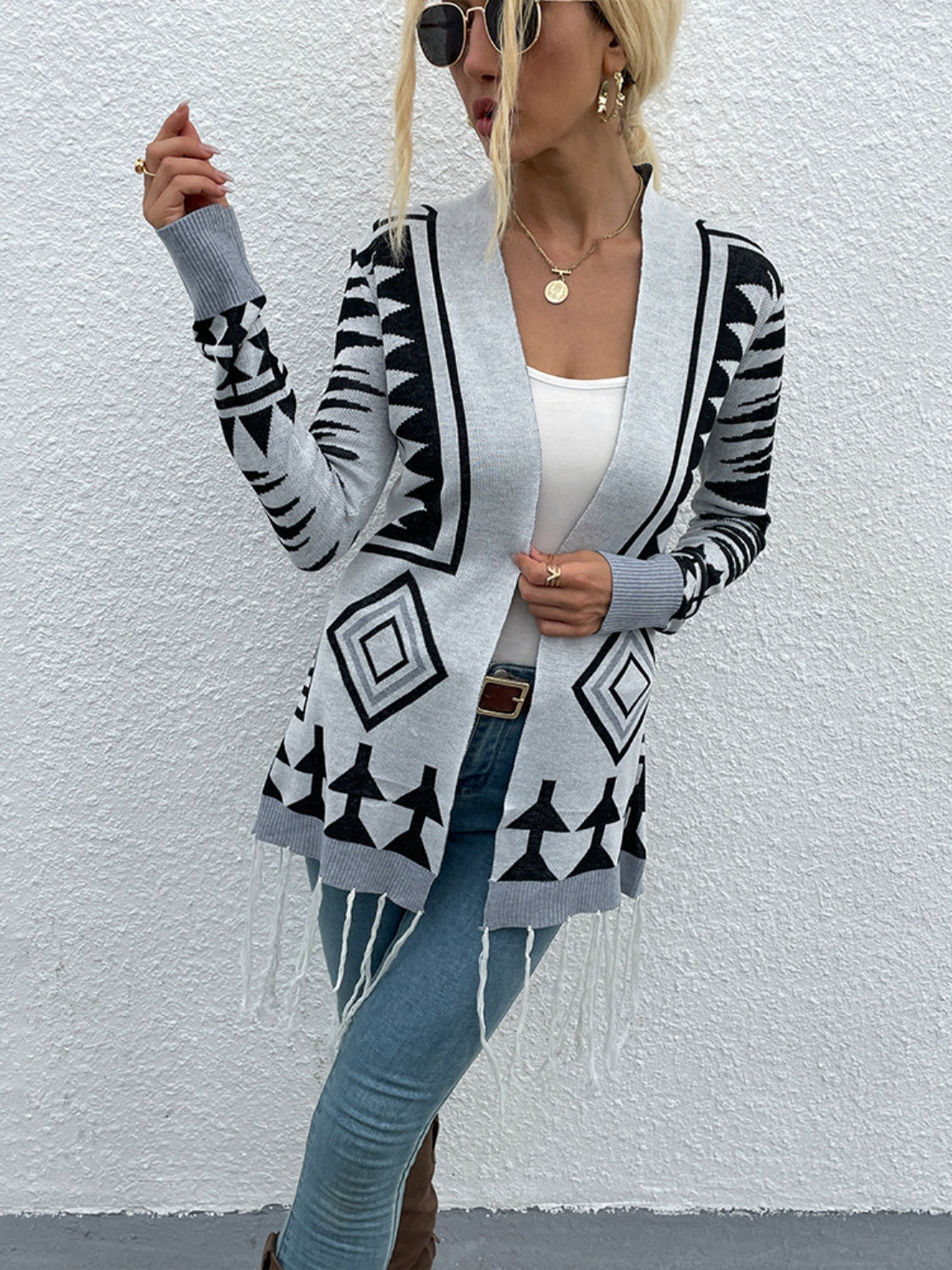 Honeybee Mumford's Geometric Fringe Hem Open Front Cardigan