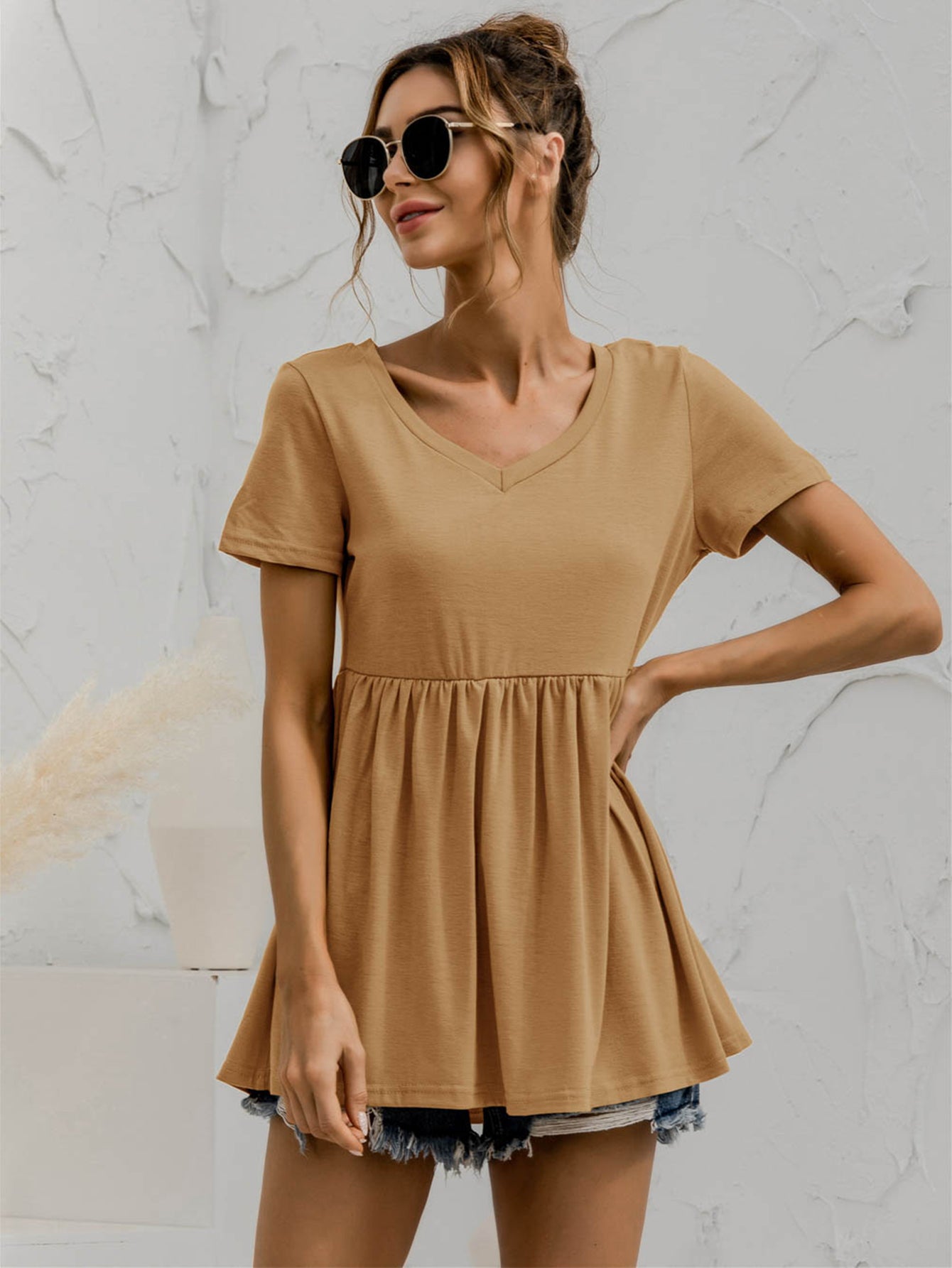 Honeybee Mumford's V-Neck Short Sleeve Babydoll Top