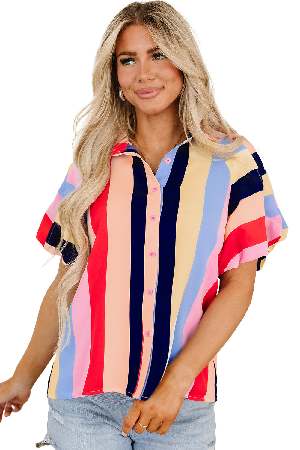 honeybee Mumford's Multicolor Color Block Striped Puff Sleeve Buttoned Shirt