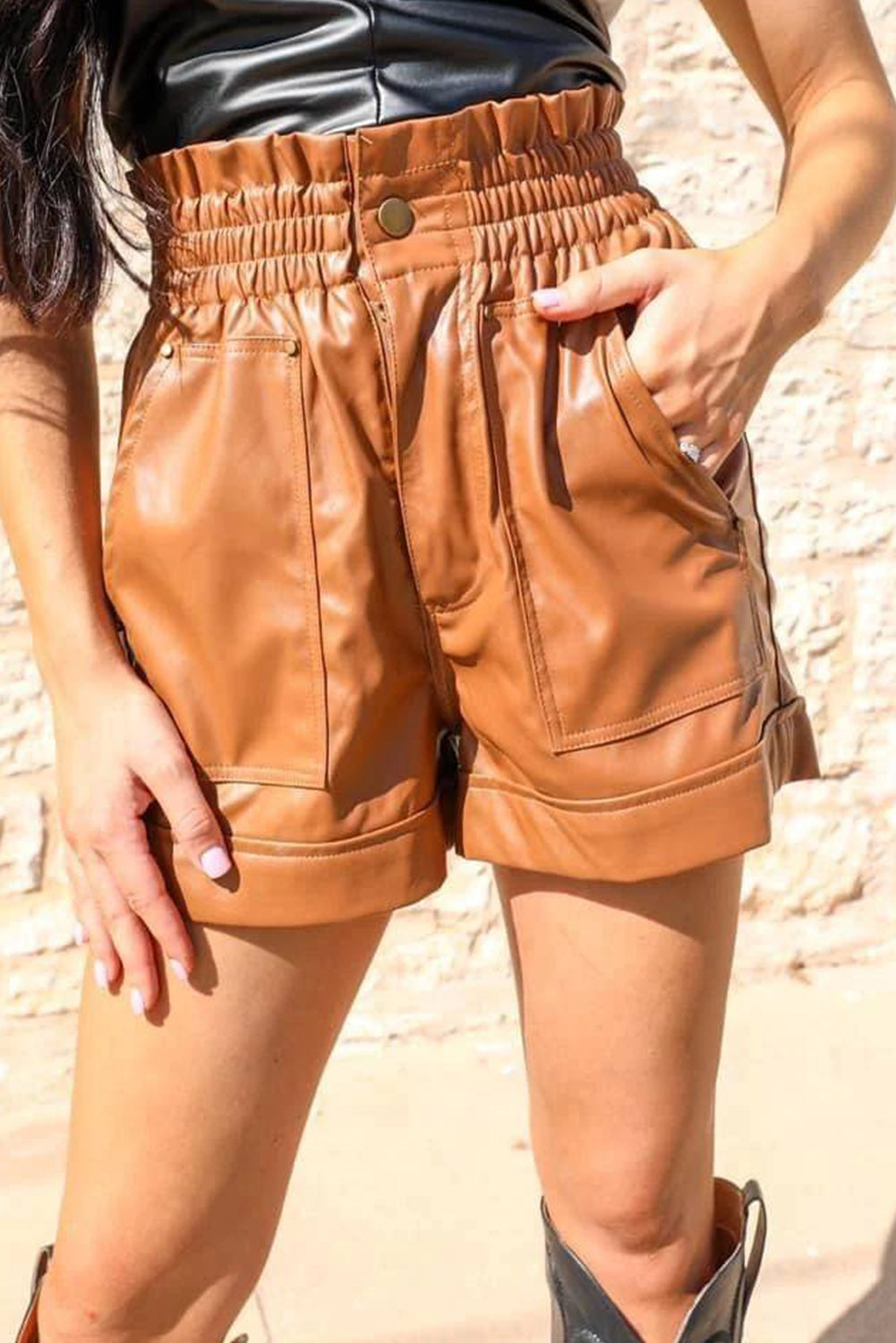 Honeybee Mumford's Brown Patch Pockets Faux Leather High Rise Shorts