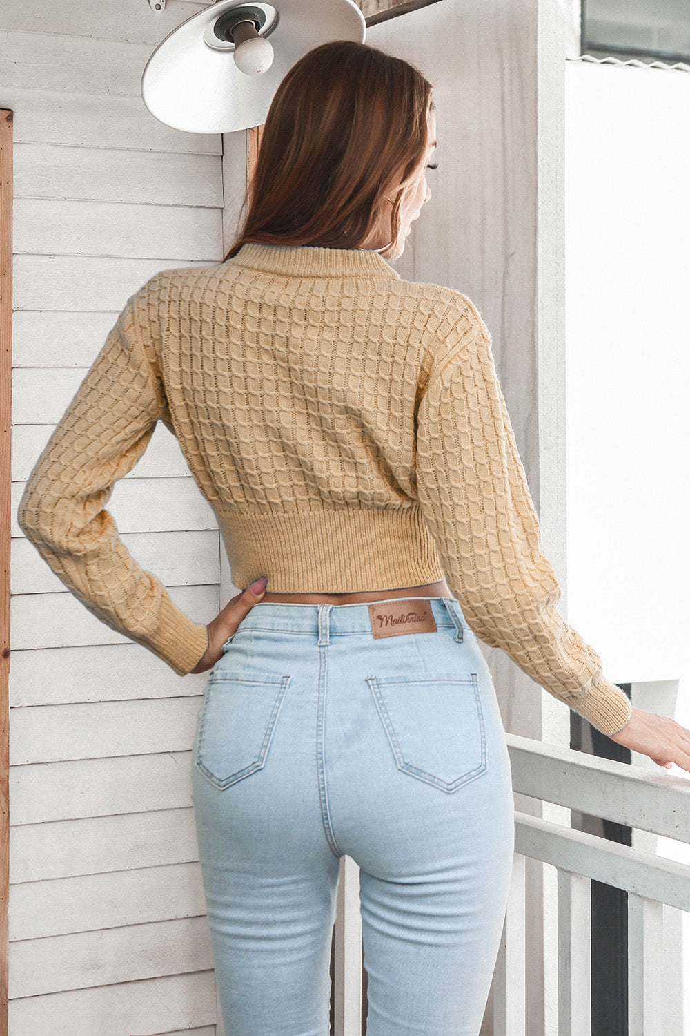 Honeybee Mumford's Round Neck Long Sleeve Cropped Sweater