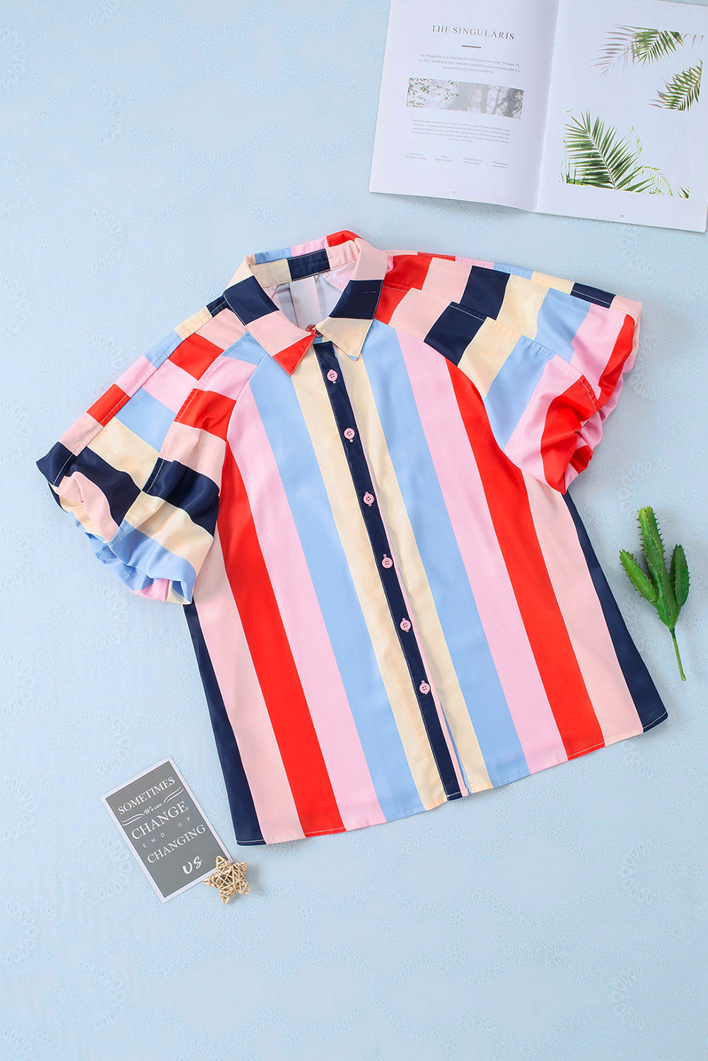 honeybee Mumford's Multicolor Color Block Striped Puff Sleeve Buttoned Shirt