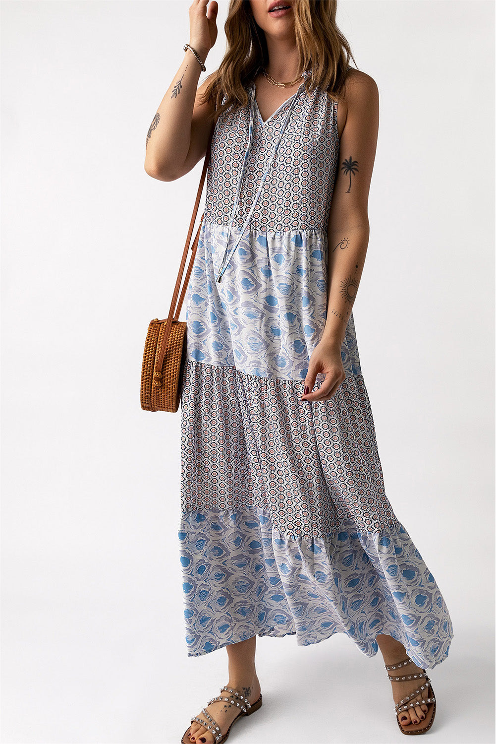 Honeybee Mumford's Mixed Print Tie-Neck Sleeveless Maxi Dress