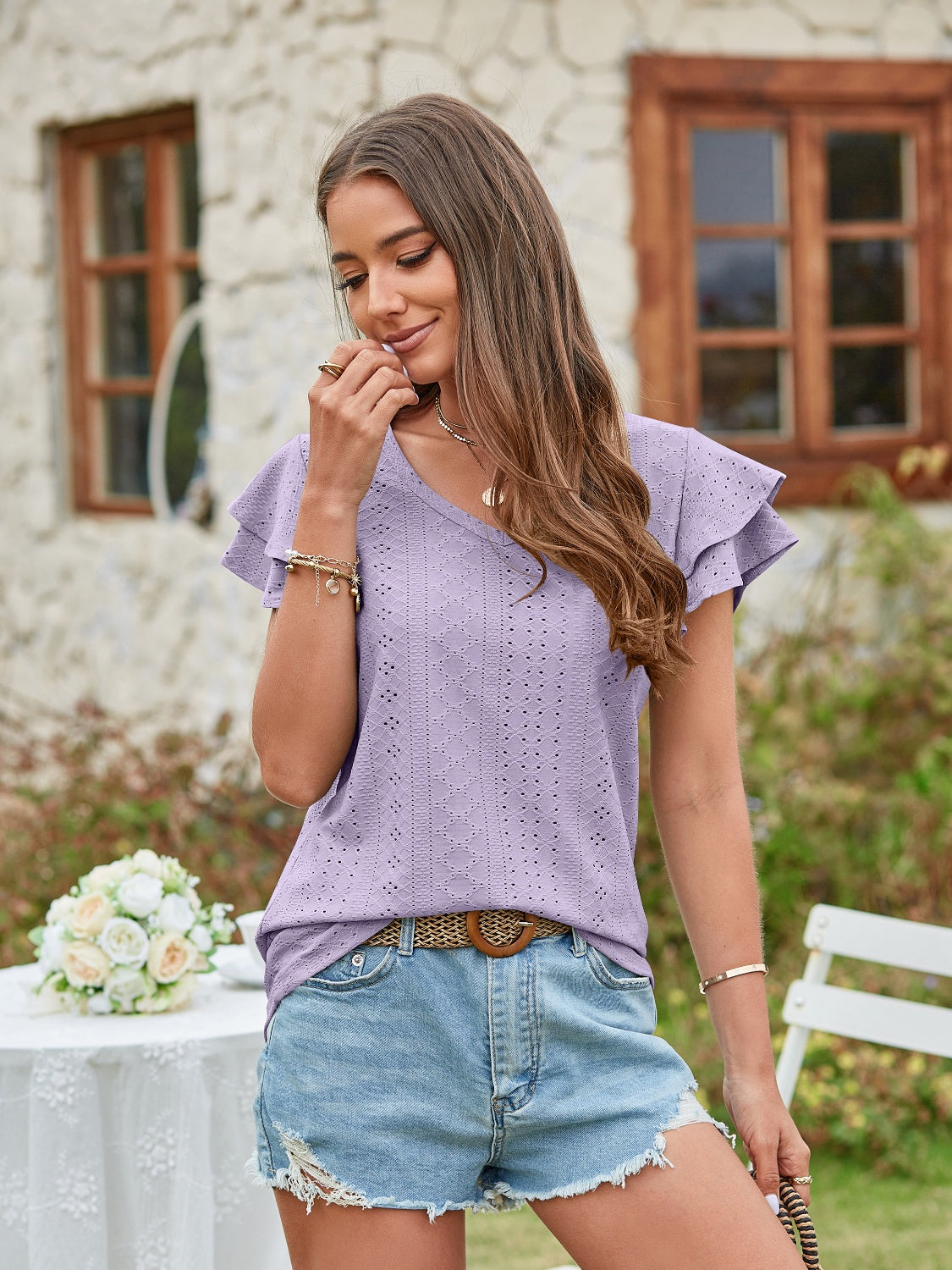 Honeybee Mumford's Eyelet V-Neck Short Sleeve Blouse