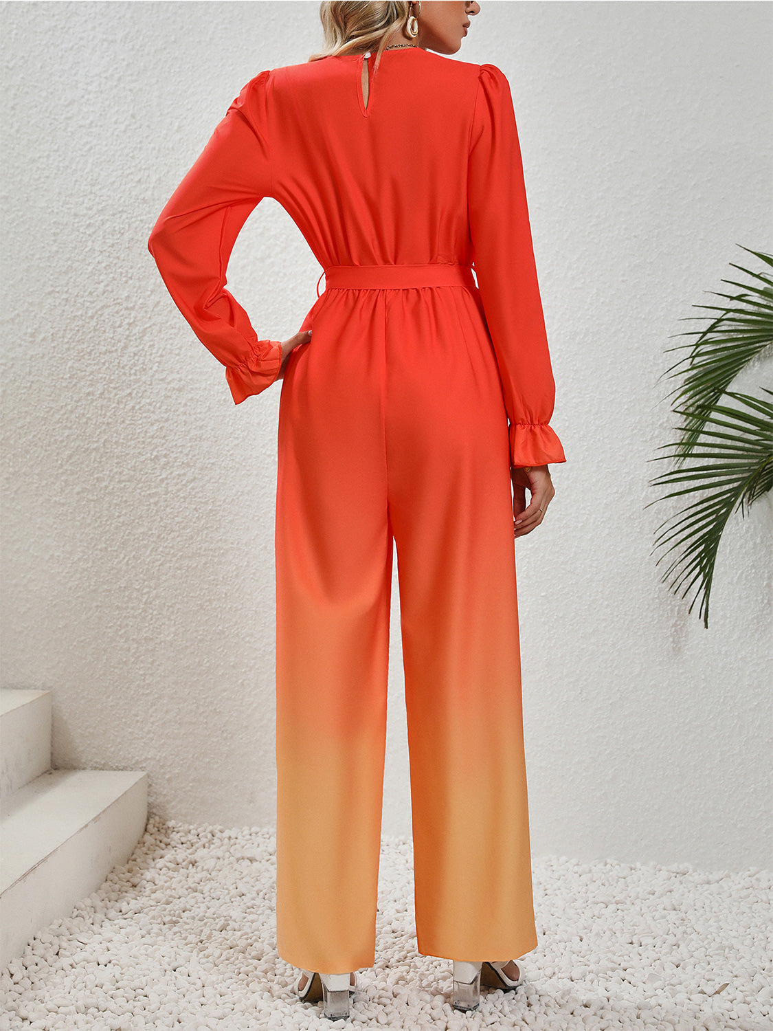 Honeybee Mumford's Gradient Tie Front Flounce Sleeve Jumpsuit