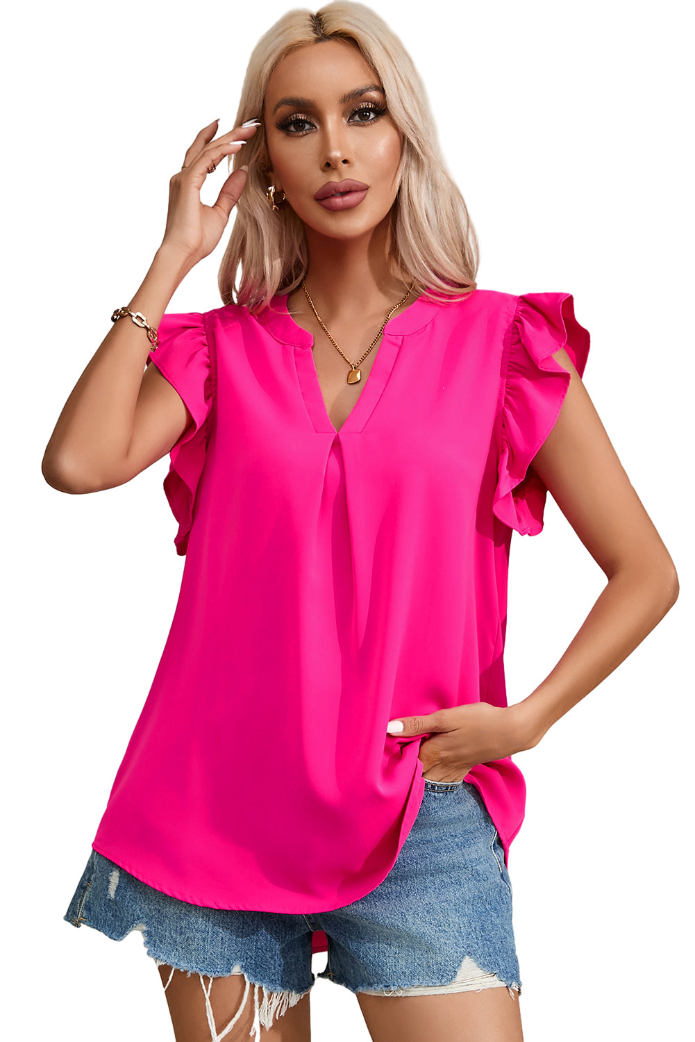 honeybee Mumford's Rose Red Notched Neck Ruffle Sleeve Blouse