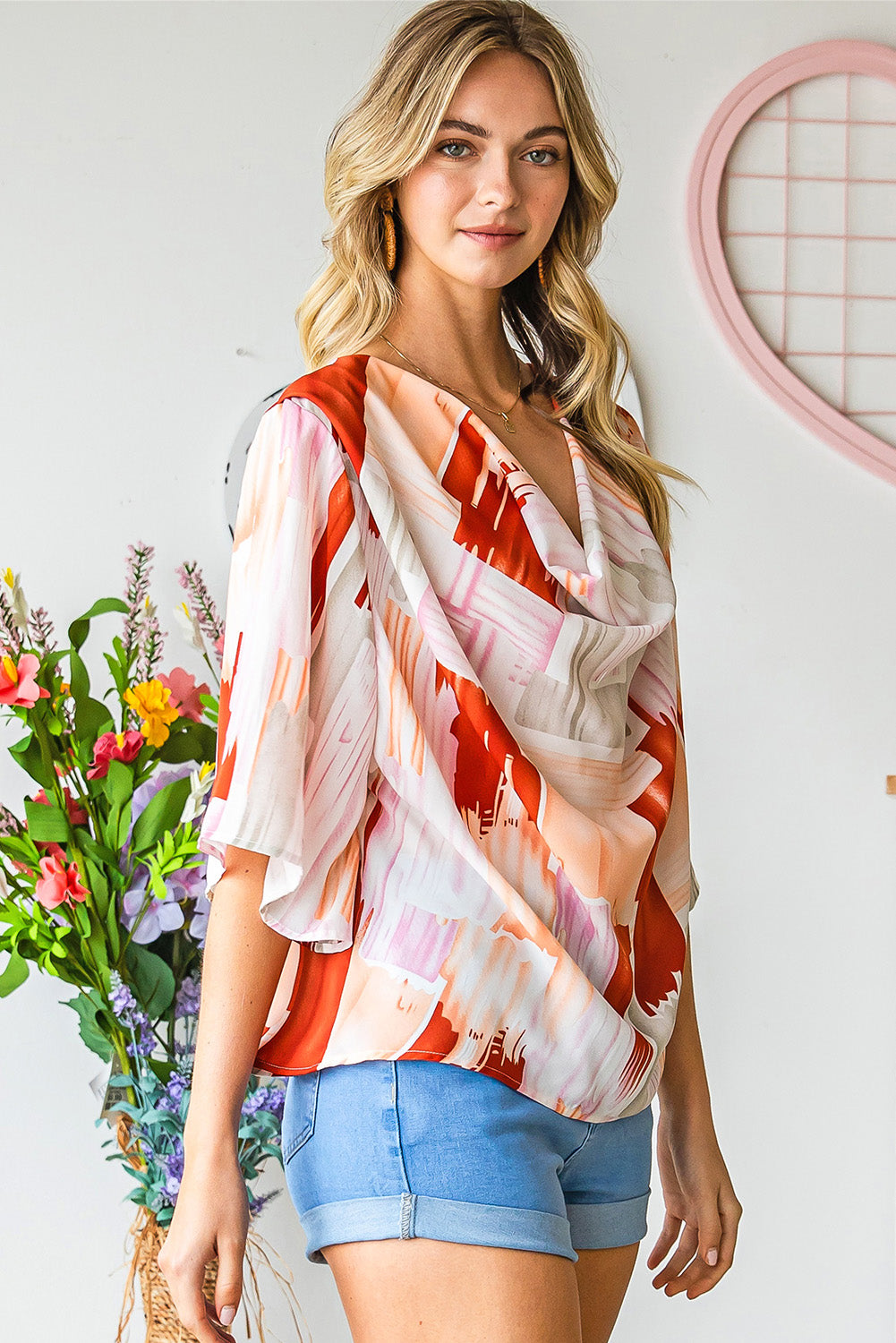 Honeybee Mumford's Printed Cowl Neck Half Sleeve Blouse