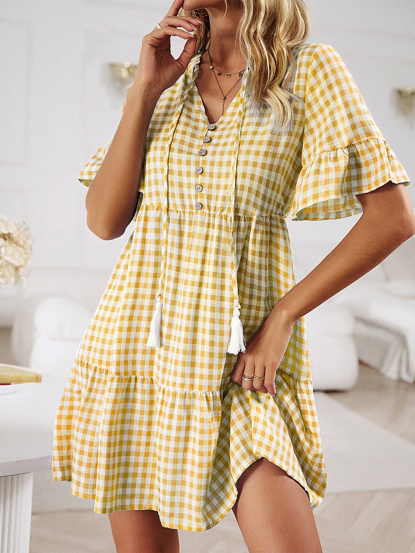 Honeybee Mumford's Plaid Flounce Sleeve Buttoned Mini/ short Dress