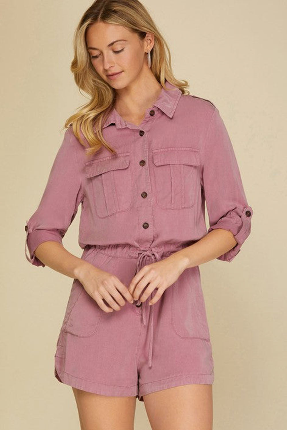 Honeybee Mumford's Pink Roll up Sleeve Flap Pockets Drawstring Playsuit