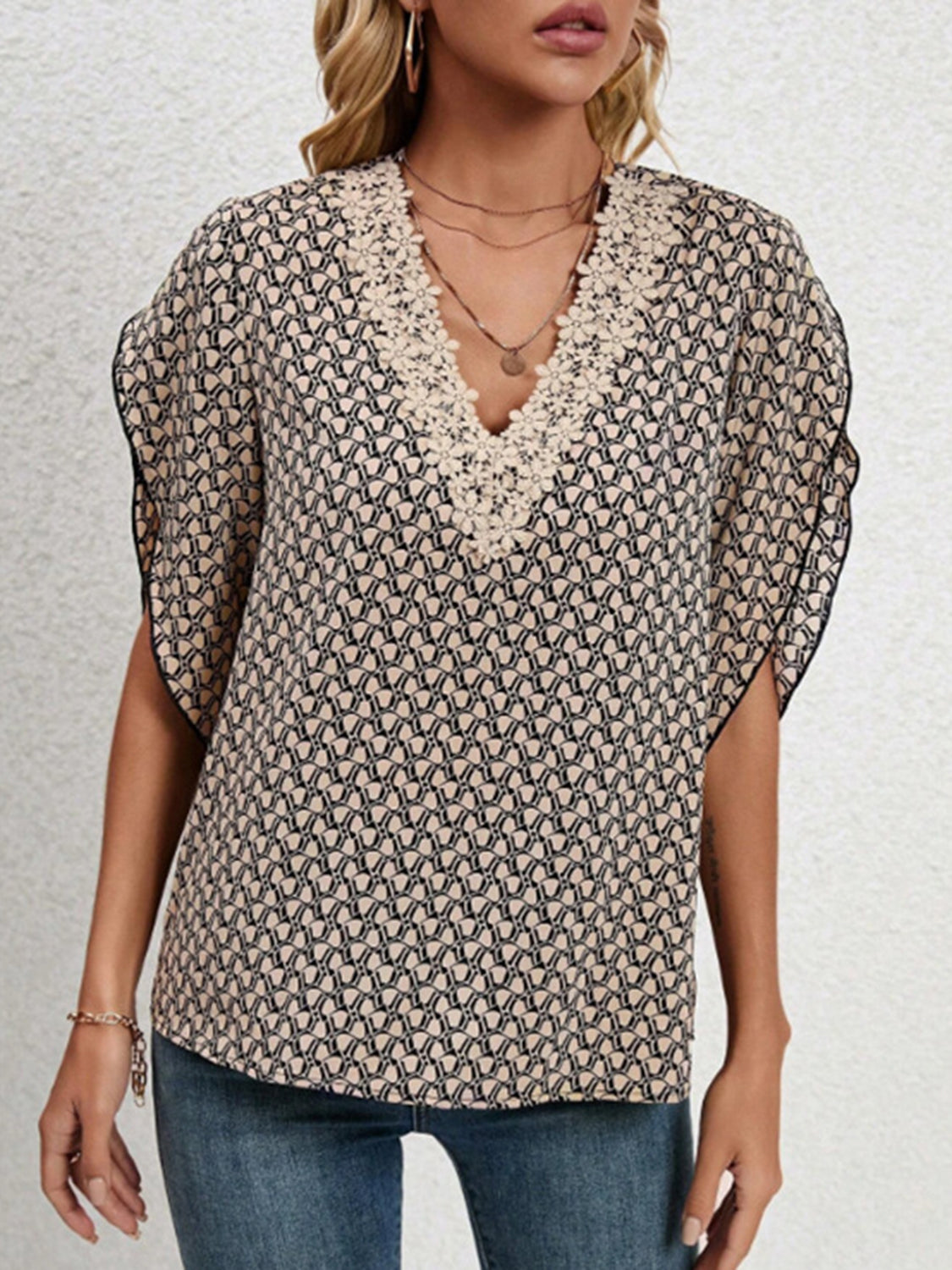 Honeybee Mumford's Lace Detail Printed V-Neck Half Sleeve Blouse