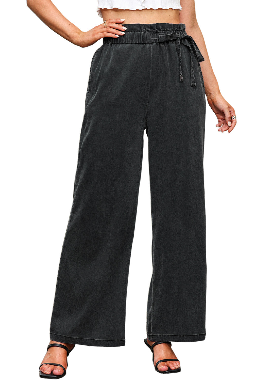 Honeybee Mumford's Black High Waist Pocketed Wide Leg Tencel Jeans