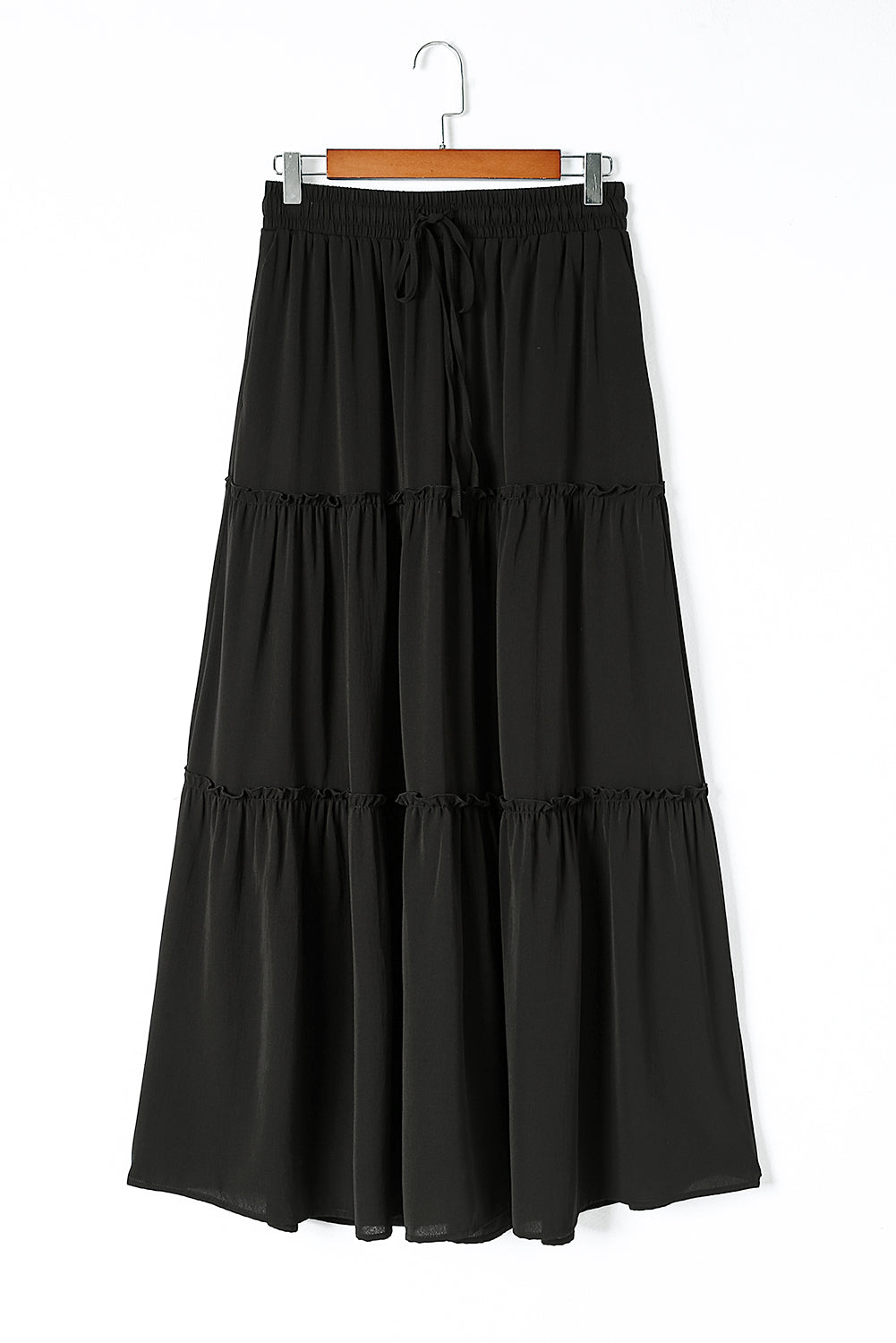 Honeybee Mumford's Black Frill Tiered Drawstring Waist Maxi Skirt