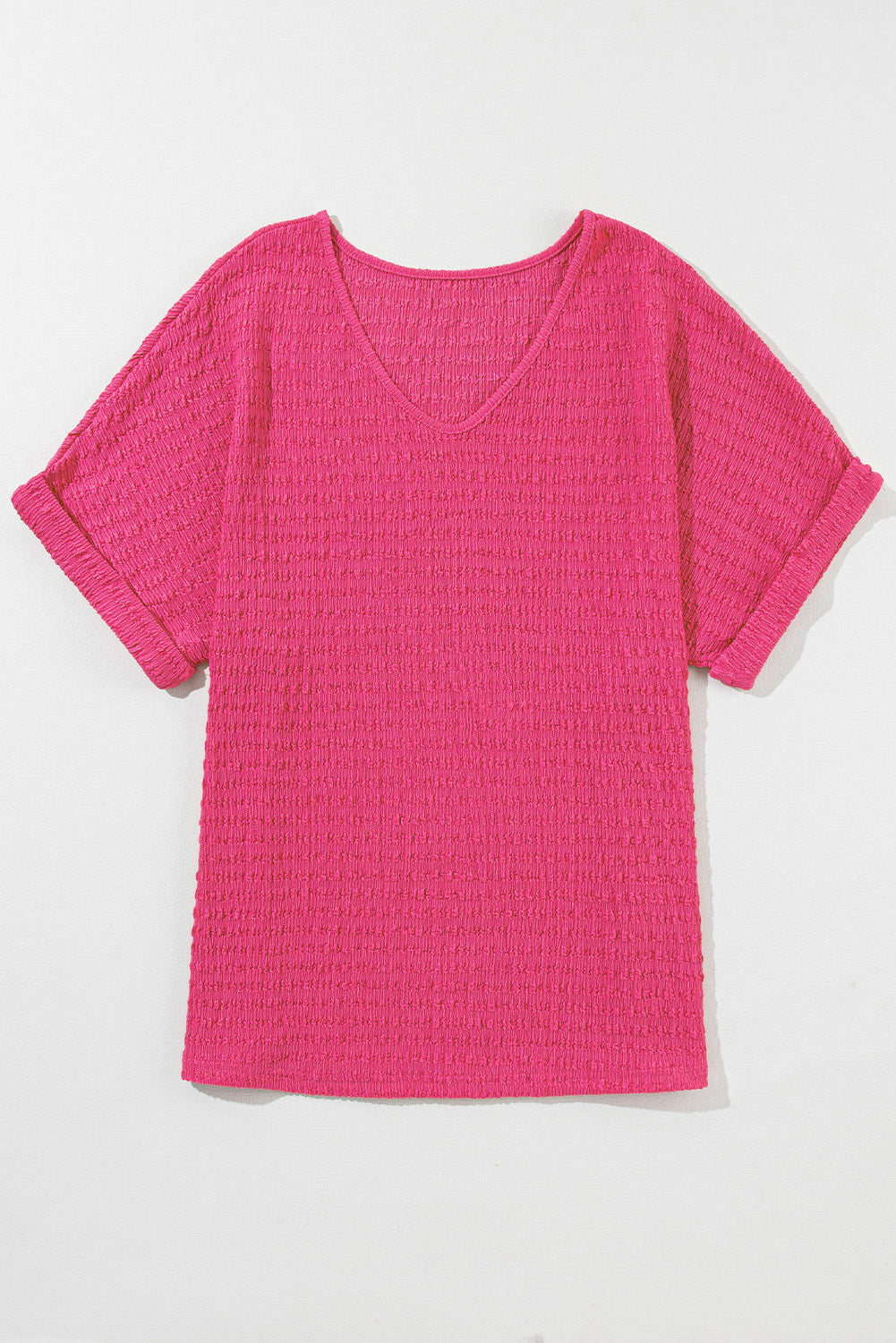 Honeybee Mumford's Bright Pink Textured Rolled Short Sleeve V Neck Blouse