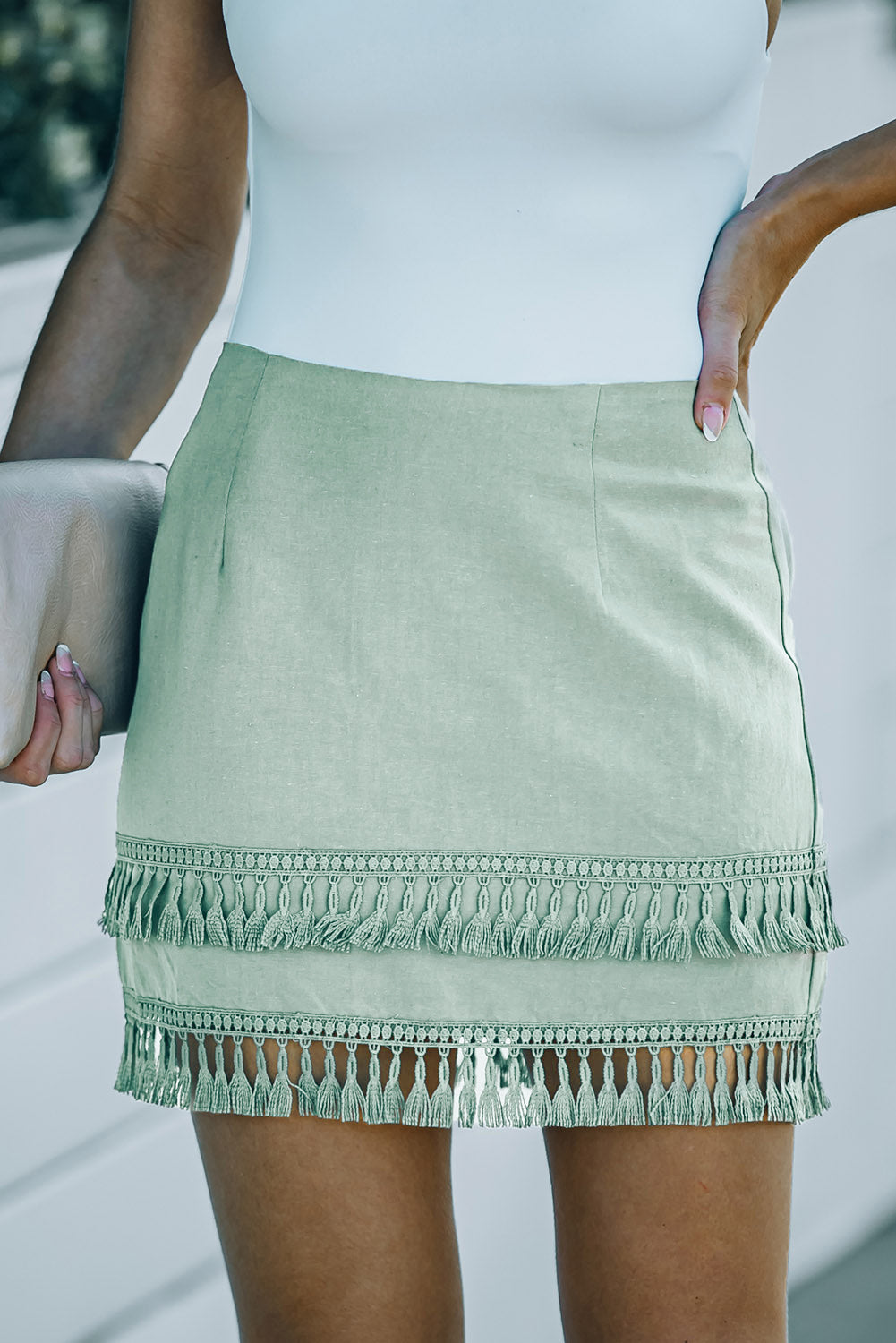 Honeybee Mumford's Green Tiered Tassel Zip-up High Waist Mini Skirt