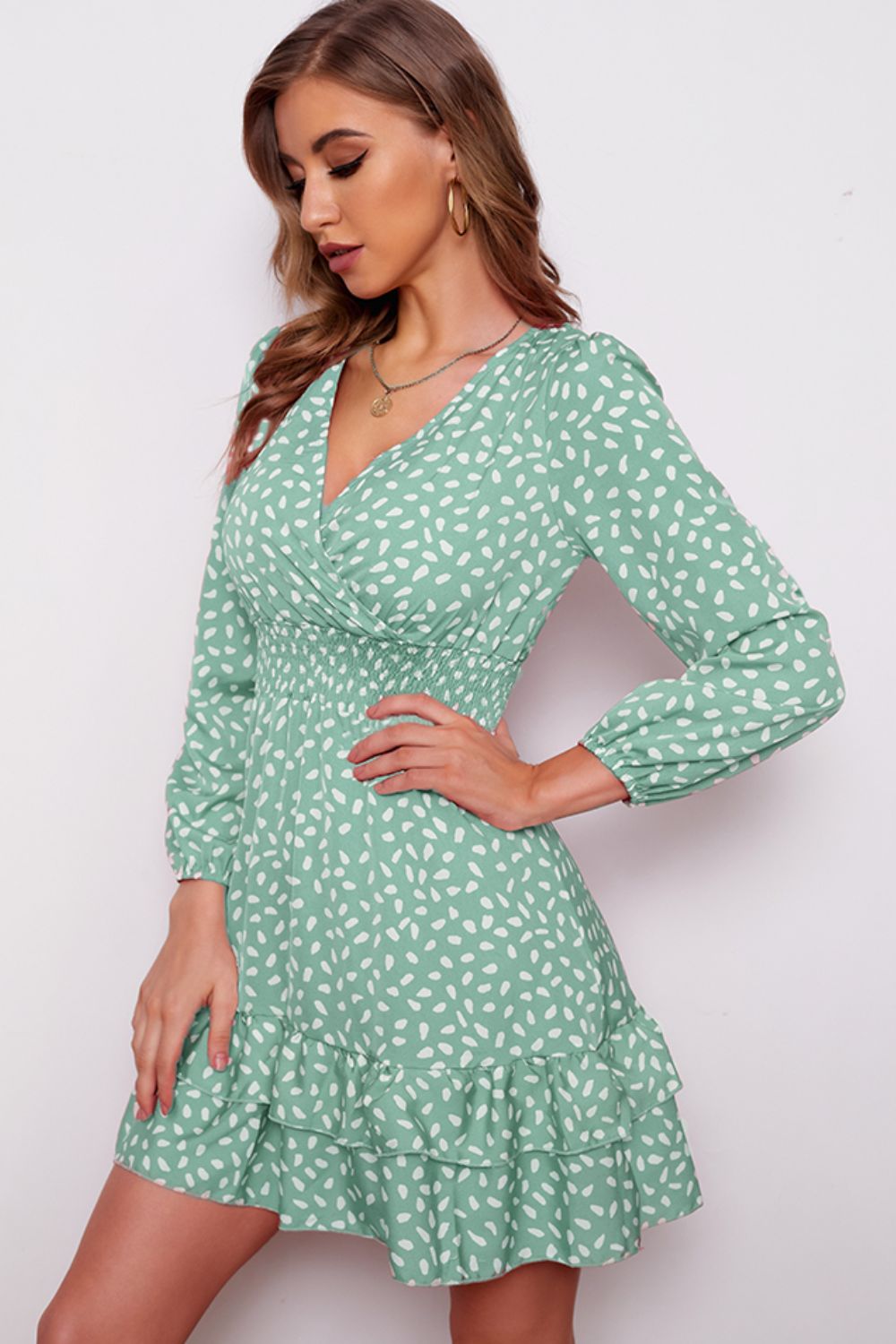 Honeybee Mumford's Surplice Neck Puff Sleeve Ruffle Hem Dress