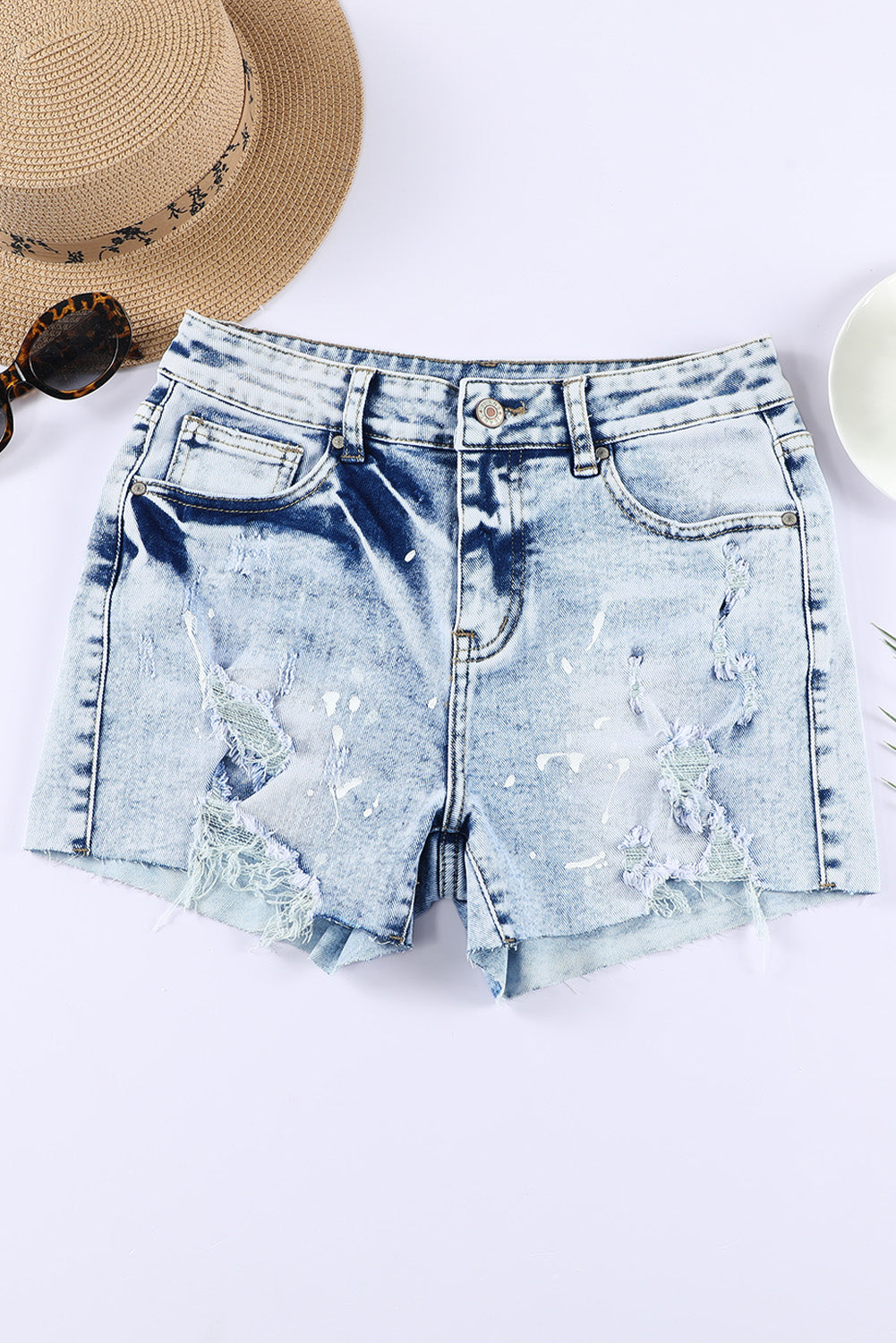 Honeybee Mumford's Sky Blue Distressed Bleached Denim Shorts