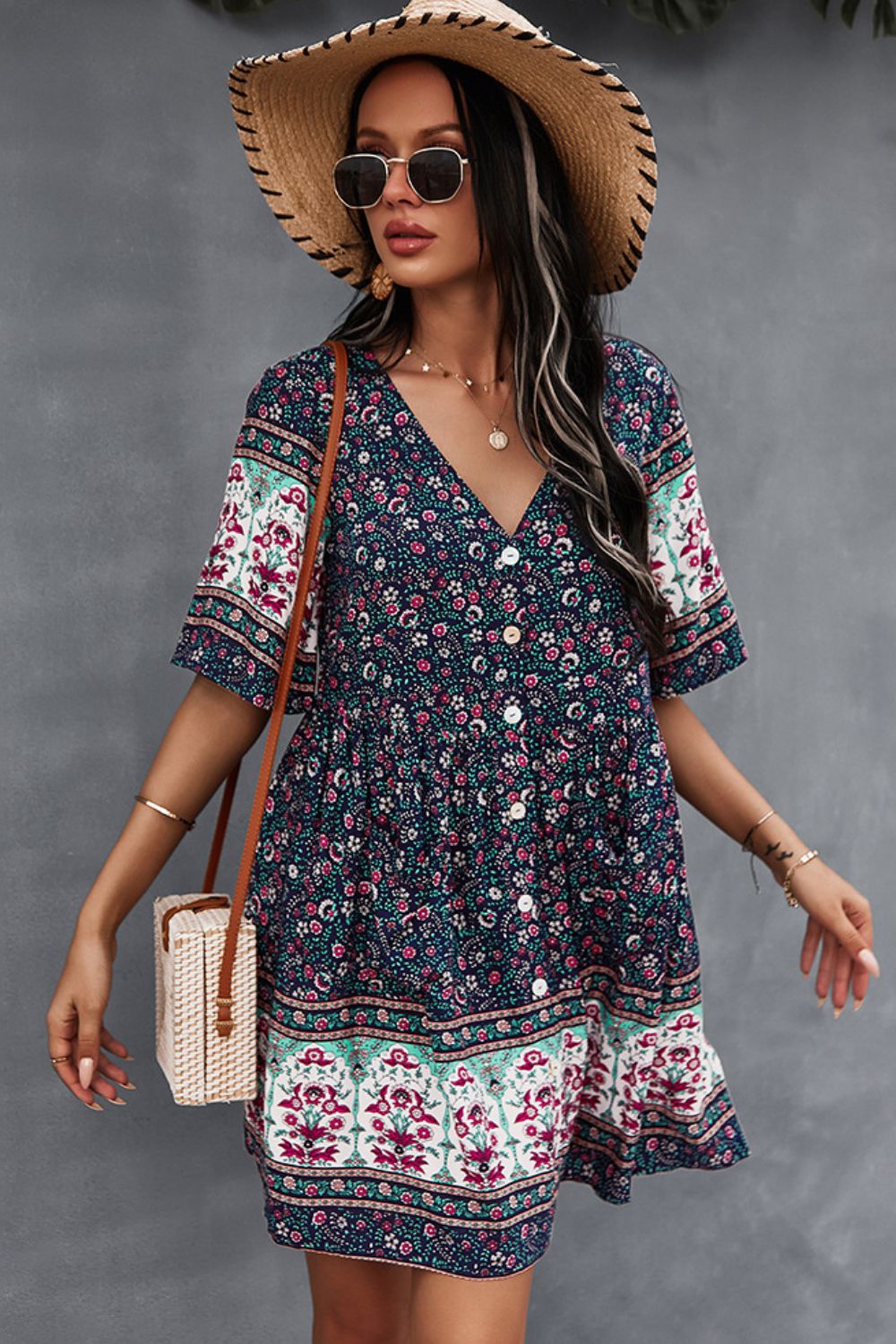 Honeybee Mumford's Bohemian Floral V-Neck Half Sleeve Dress