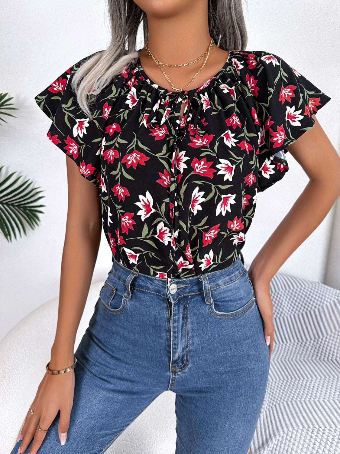 Honeybee Mumford's Floral Tie Neck Flutter Sleeve Blouse