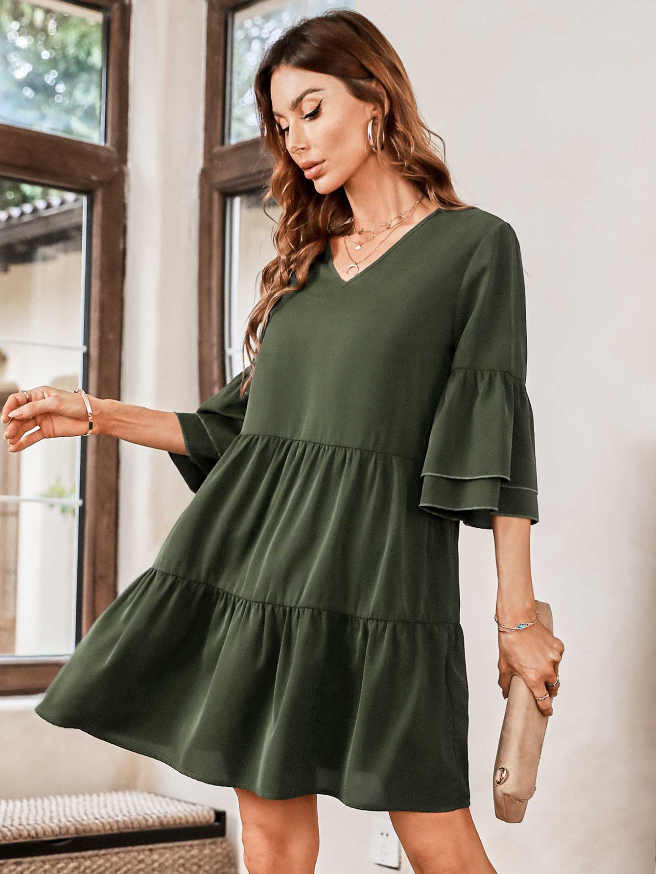 Honeybee Mumford's V-Neck Three-Quarter Flounce Sleeve Tiered Dress