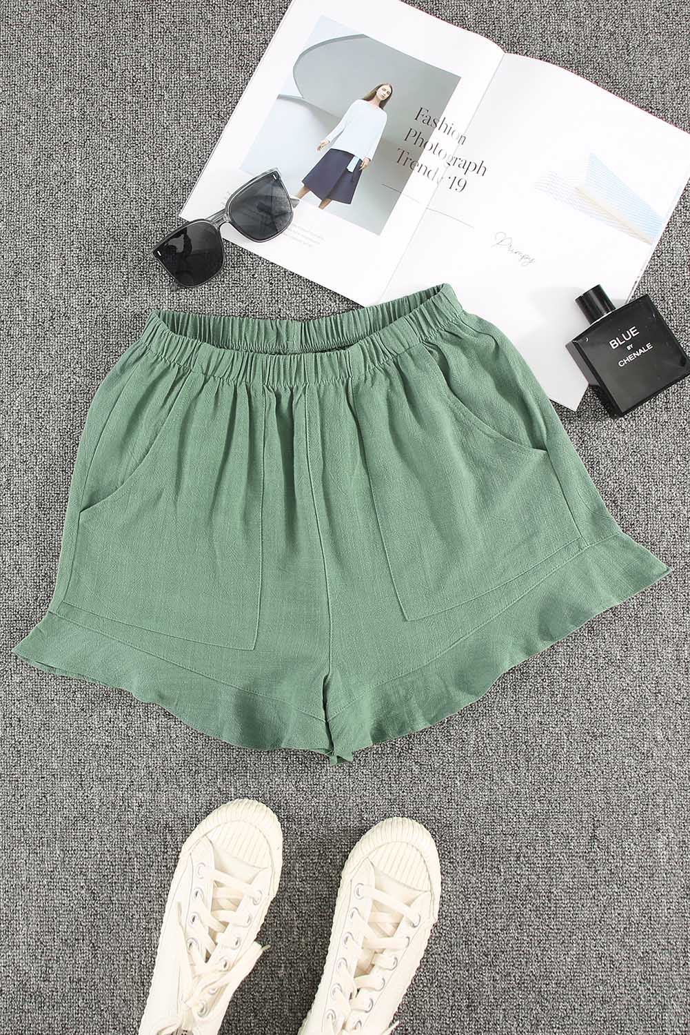 Honeybee Mumford's Green High Waist Pocketed Ruffle Shorts