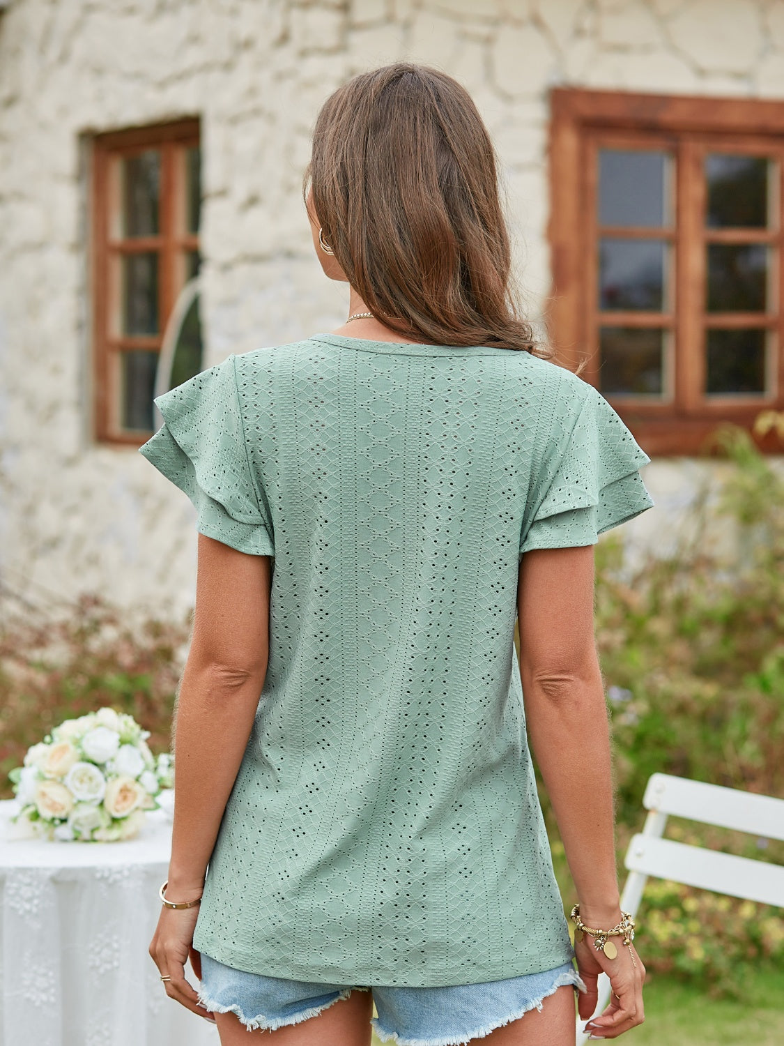 Honeybee Mumford's Eyelet V-Neck Short Sleeve Blouse