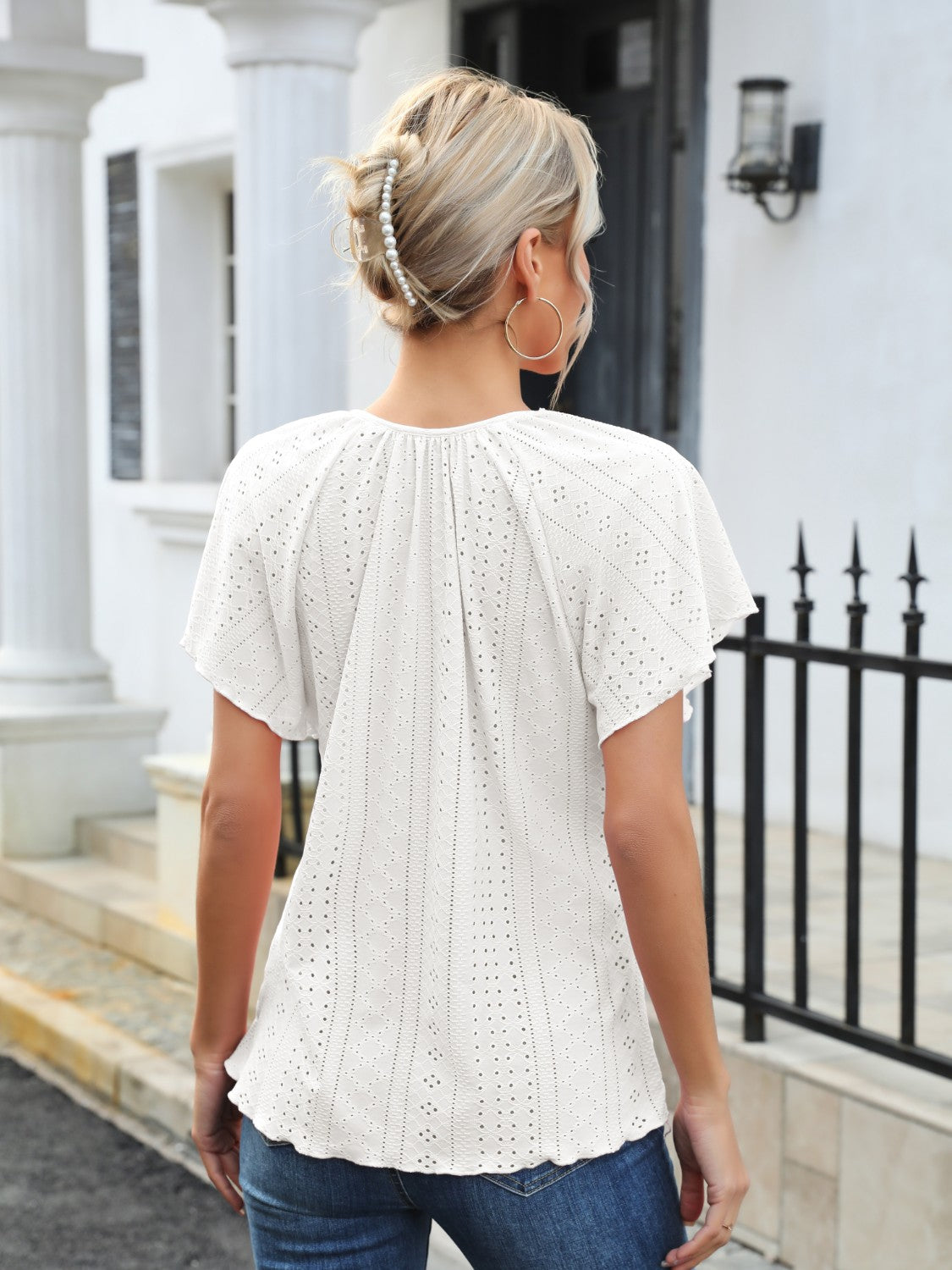 Honeybee Mumford's Eyelet Tie Neck Flutter Sleeve Blouse